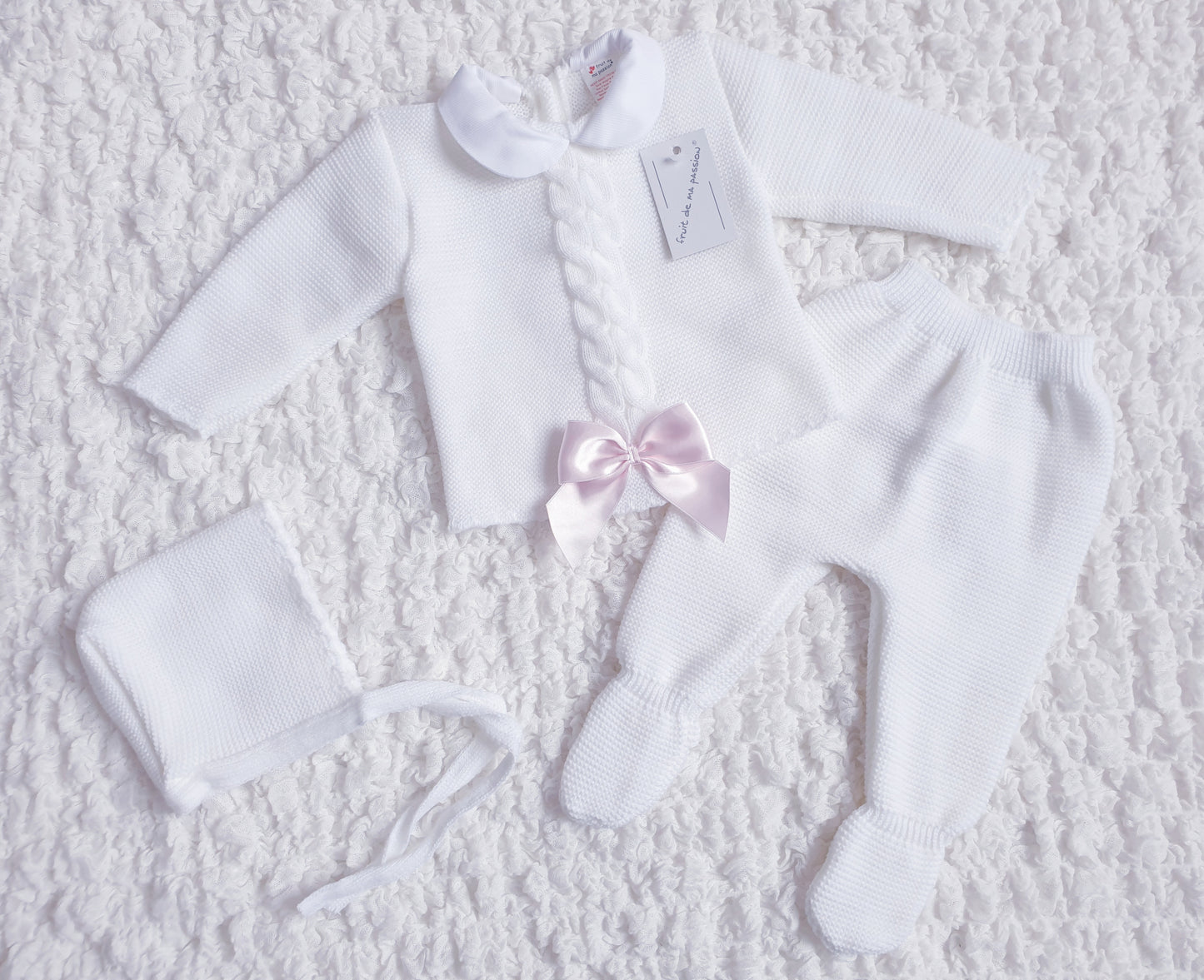 Baby Girls Spanish White Bow Knitted 3 Piece Set