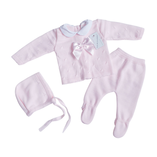 Baby Girls Spanish Pink Bow Knitted 3 Piece Set