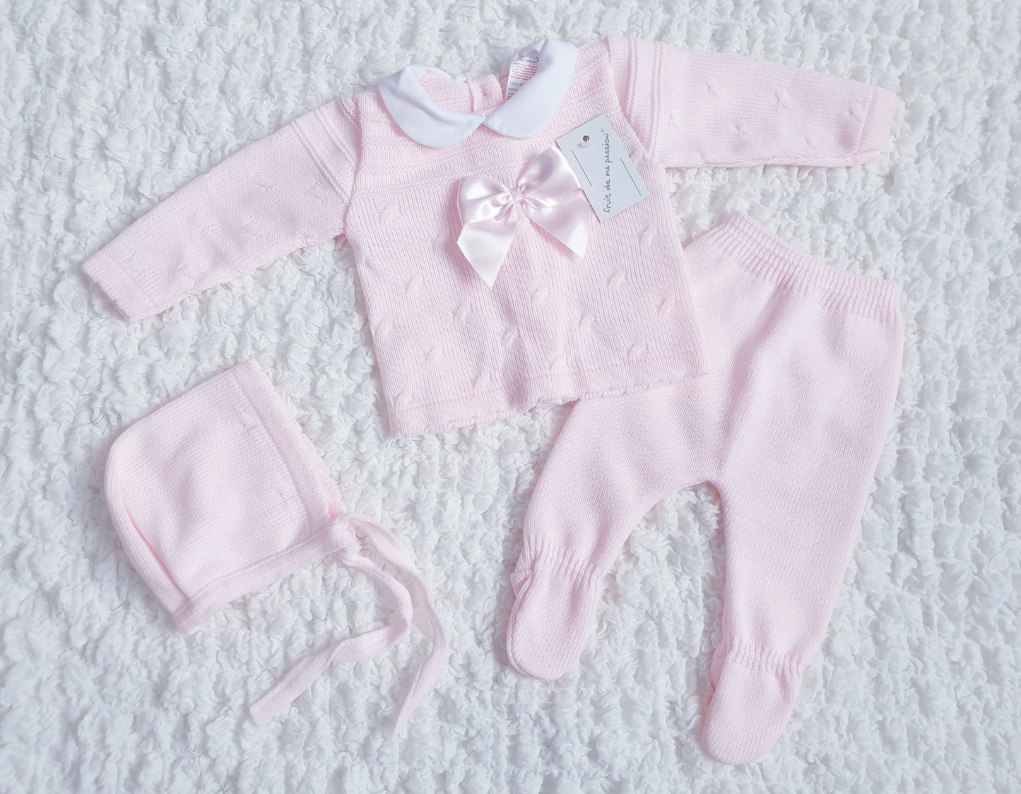 Baby Girls Spanish Pink Bow Knitted 3 Piece Set