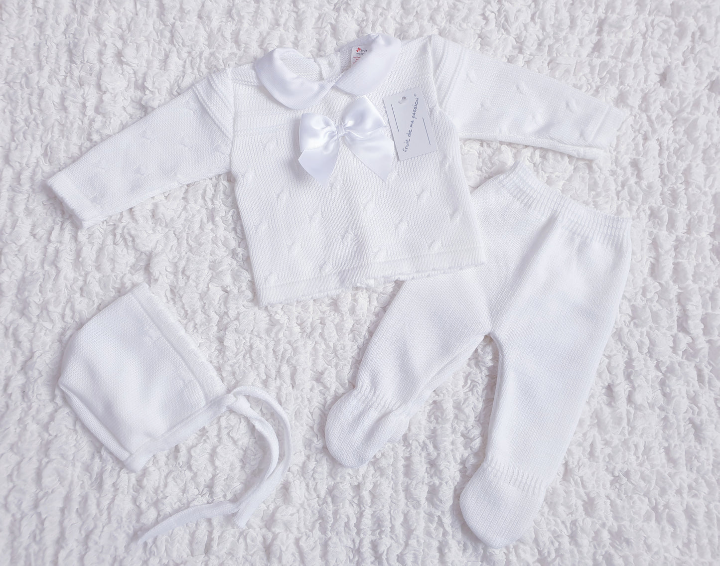 Baby Girls Spanish White Bow Knitted 3 Piece Set