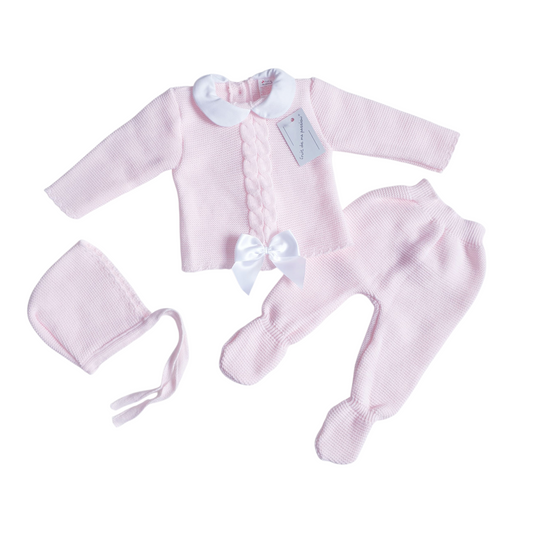 Baby Girls Spanish Pink Bow Knitted 3 Piece Set