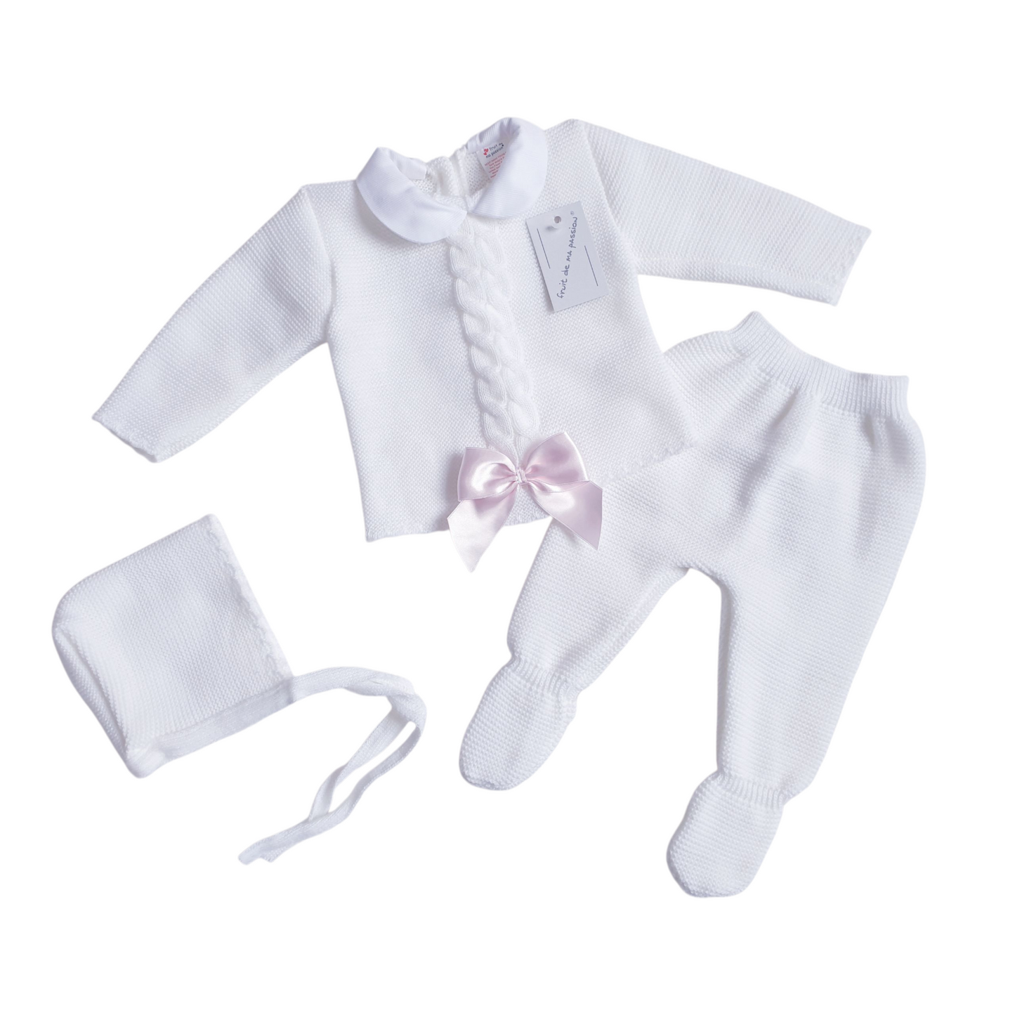 Baby Girls Spanish White Bow Knitted 3 Piece Set