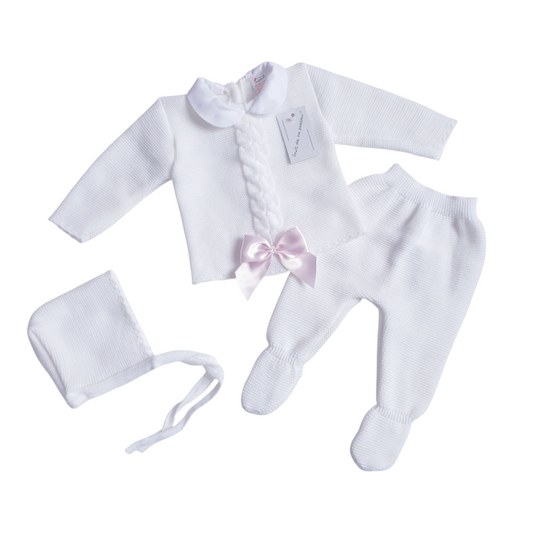 Baby Girls Spanish White Bow Knitted 3 Piece Set