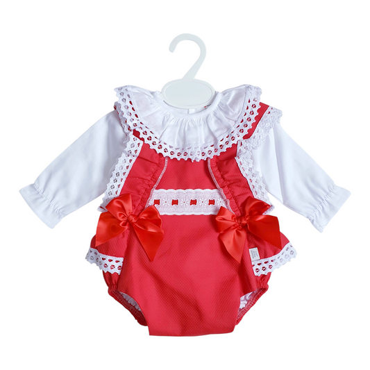Girls Spanish Red Double Bow Romper & Frilly Collar Blouse