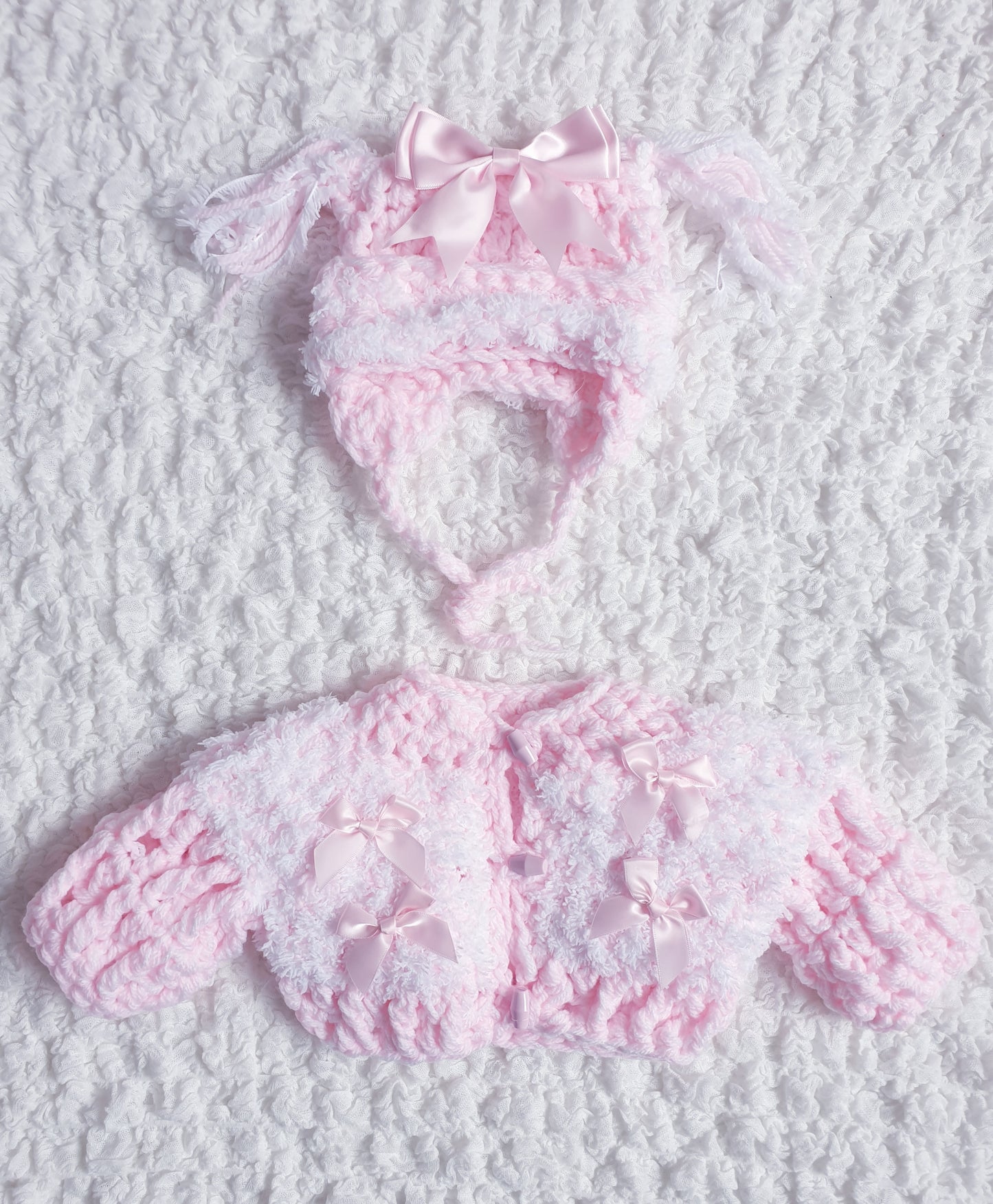 Baby Girls Pink/White Hand Knitted Cardigan & Hat Set 0-3M