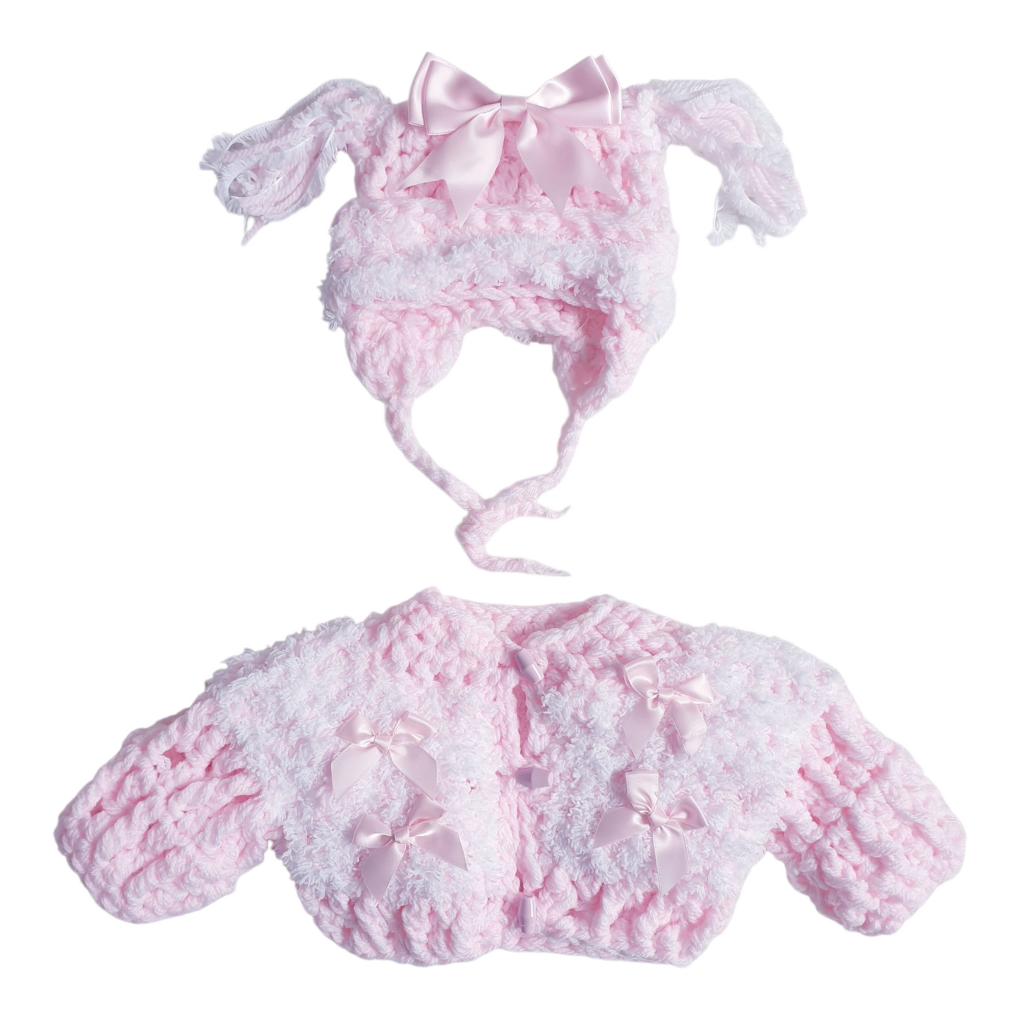 Baby Girls Pink/White Hand Knitted Cardigan & Hat Set 0-3M