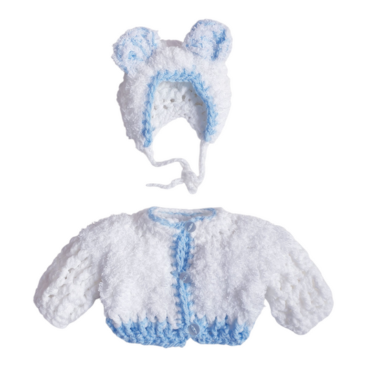 Baby Boys White/Blue Hand Knitted Cardigan & Teddy Ears Hat 0-3M
