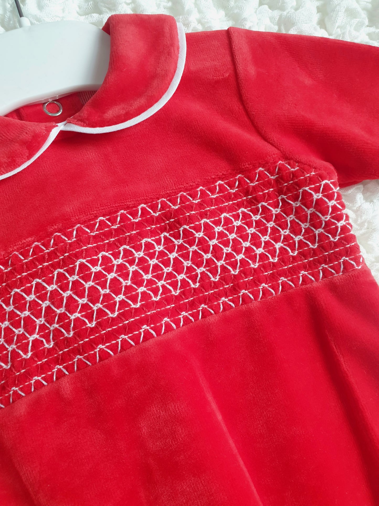 Baby Boys Red Velour Smocked Babygrow