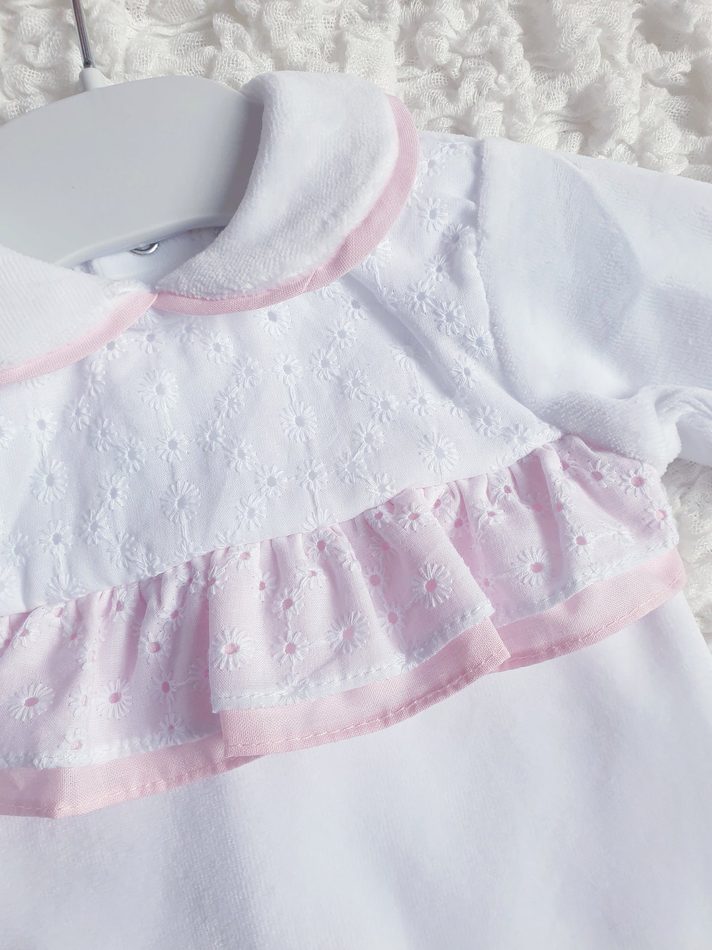Baby Girls Velour White/Pink Frill Spanish Babygrow