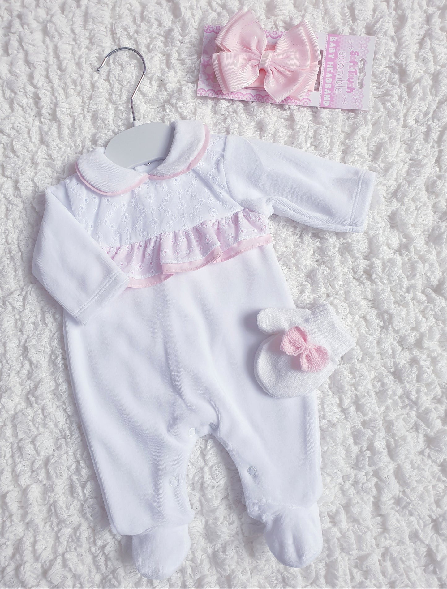 Baby Girls Velour White/Pink Frill Spanish Babygrow