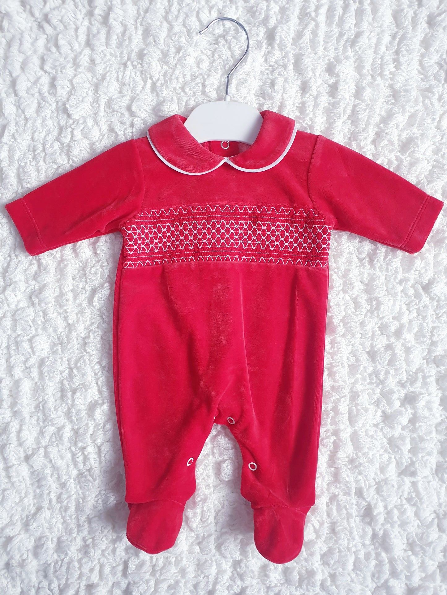 Baby Boys Red Velour Smocked Babygrow