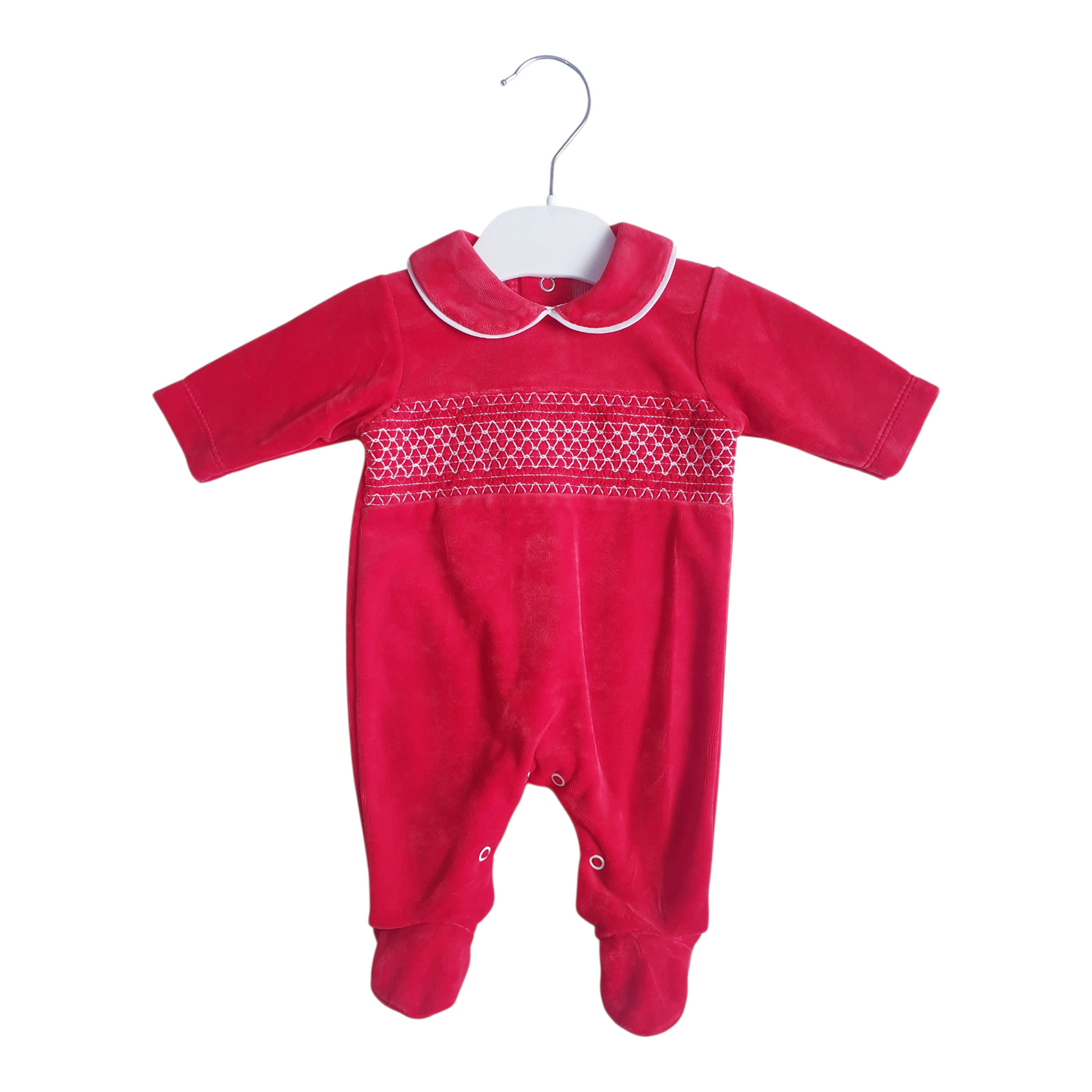 Baby Boys Red Velour Smocked Babygrow