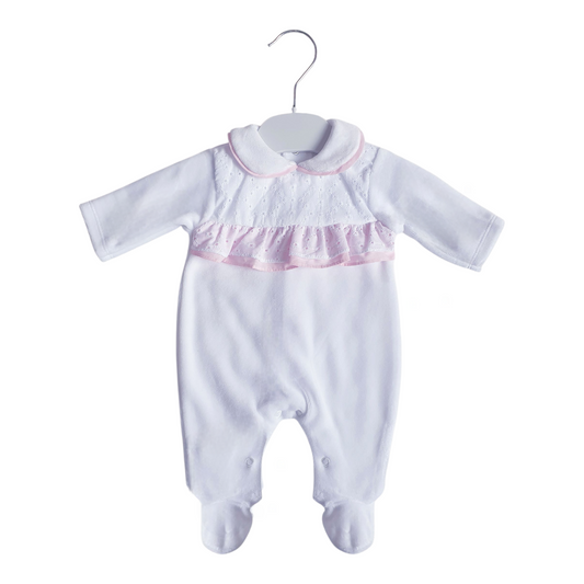 Baby Girls Velour White/Pink Frill Spanish Babygrow