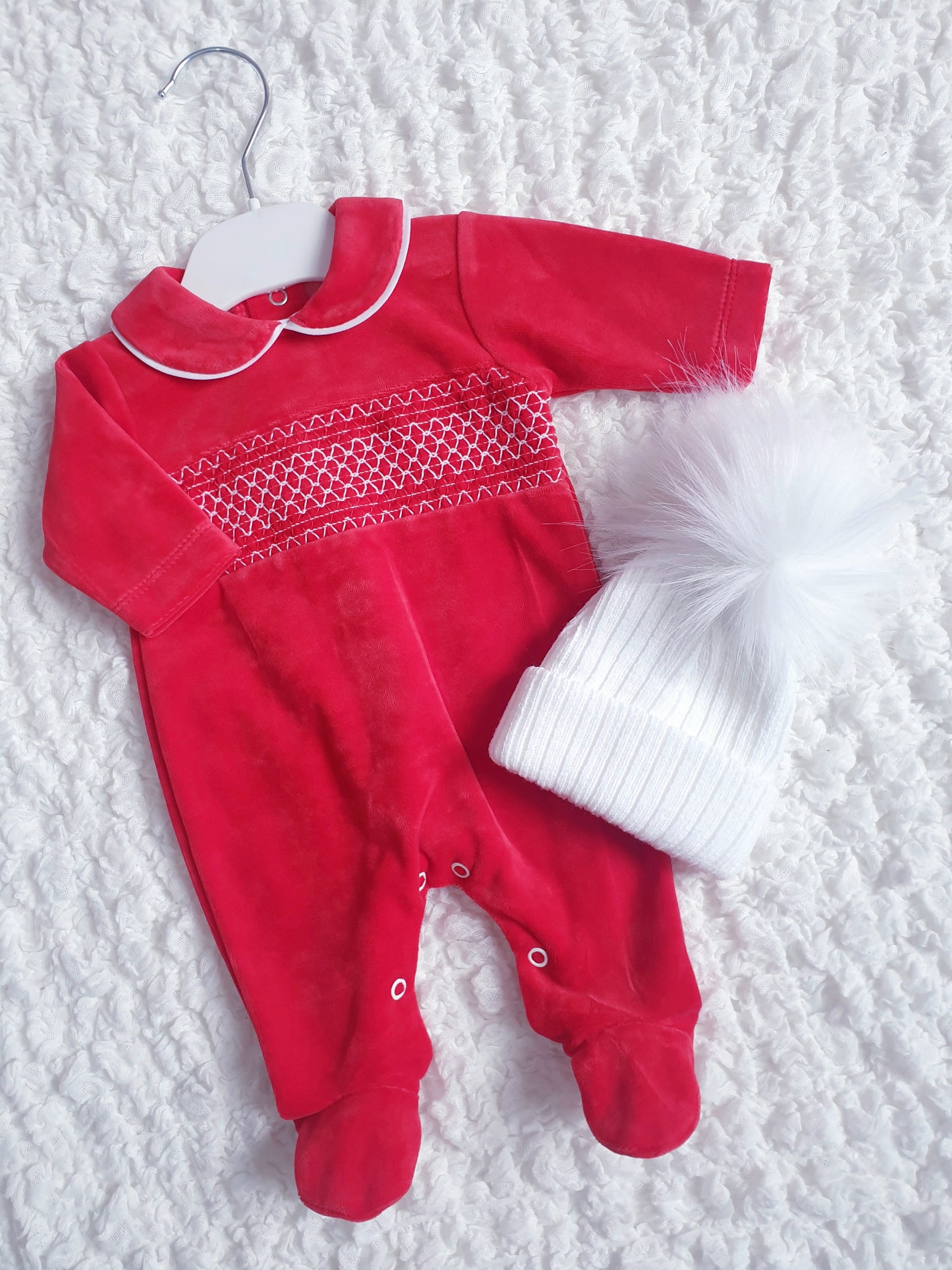 Baby Boys Red Velour Smocked Babygrow