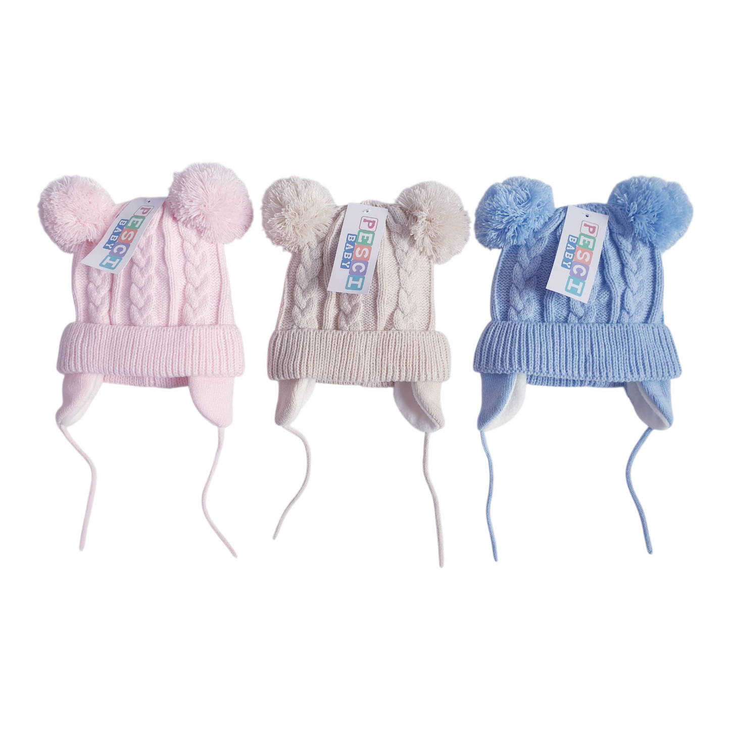 Baby Knitted Double Pom Pom Hat Pink/Beige/Blue