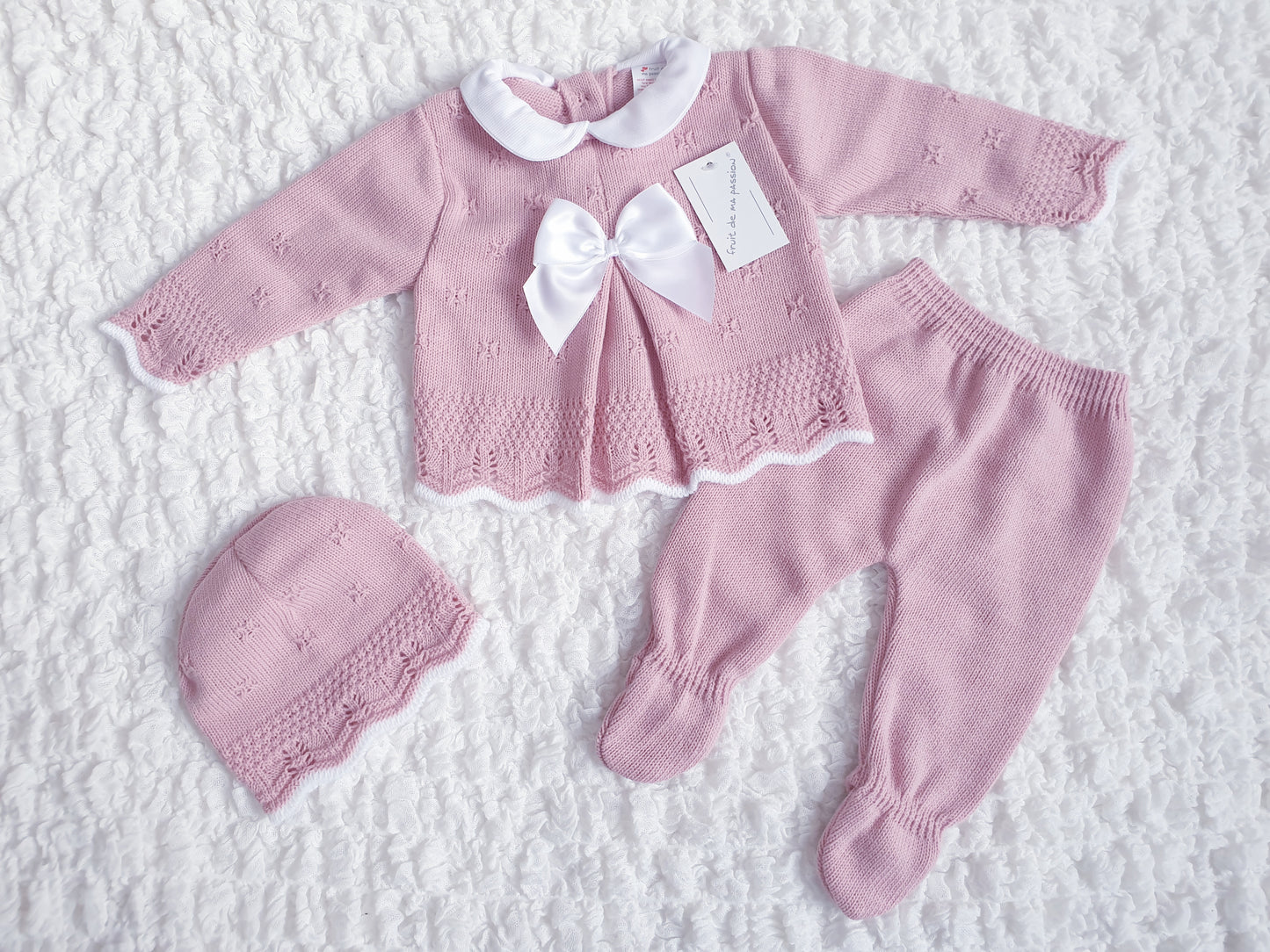 Baby Girls Spanish Dusky Pink Bow Knitted 3 Piece Set