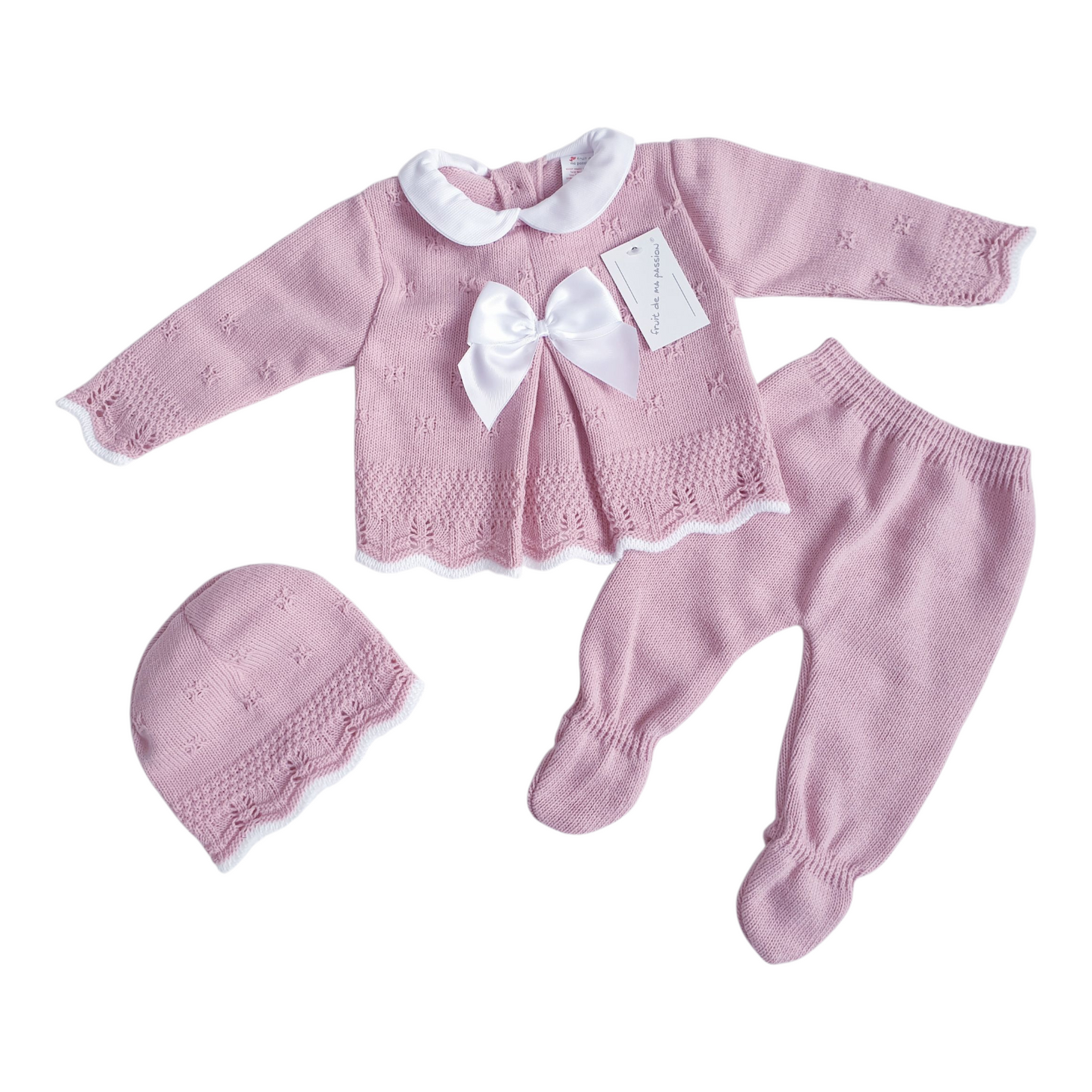 Baby Girls Spanish Dusky Pink Bow Knitted 3 Piece Set