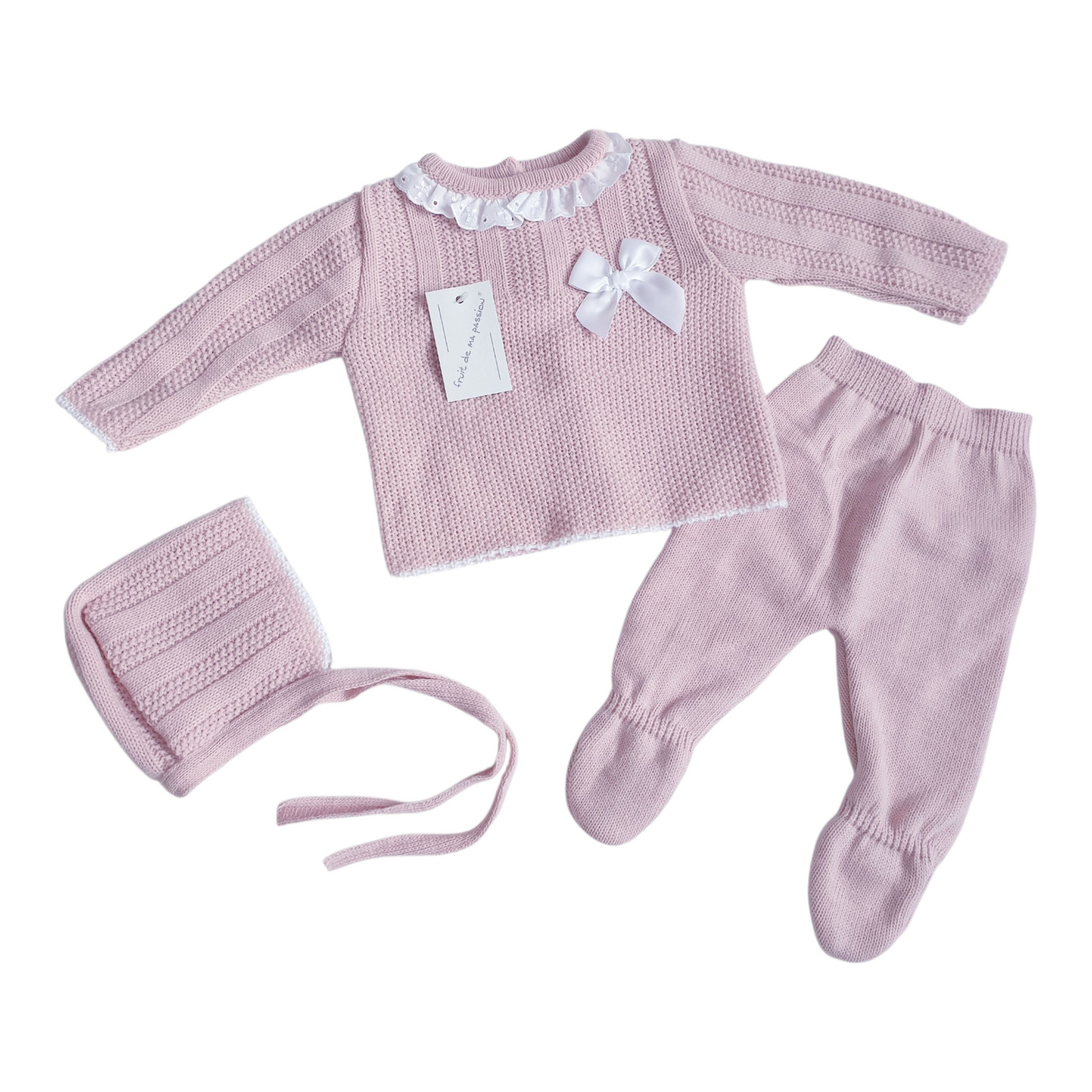 Baby Girls Spanish Dusky Pink Bow Knitted 3 Piece Set
