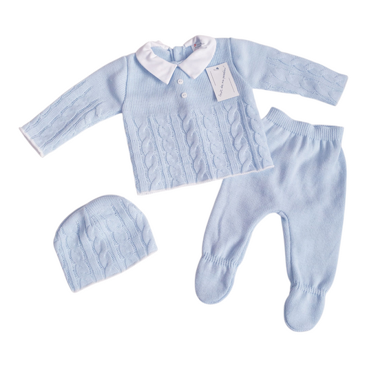 Baby Boys Spanish Baby Blue Knitted 3 Piece Set