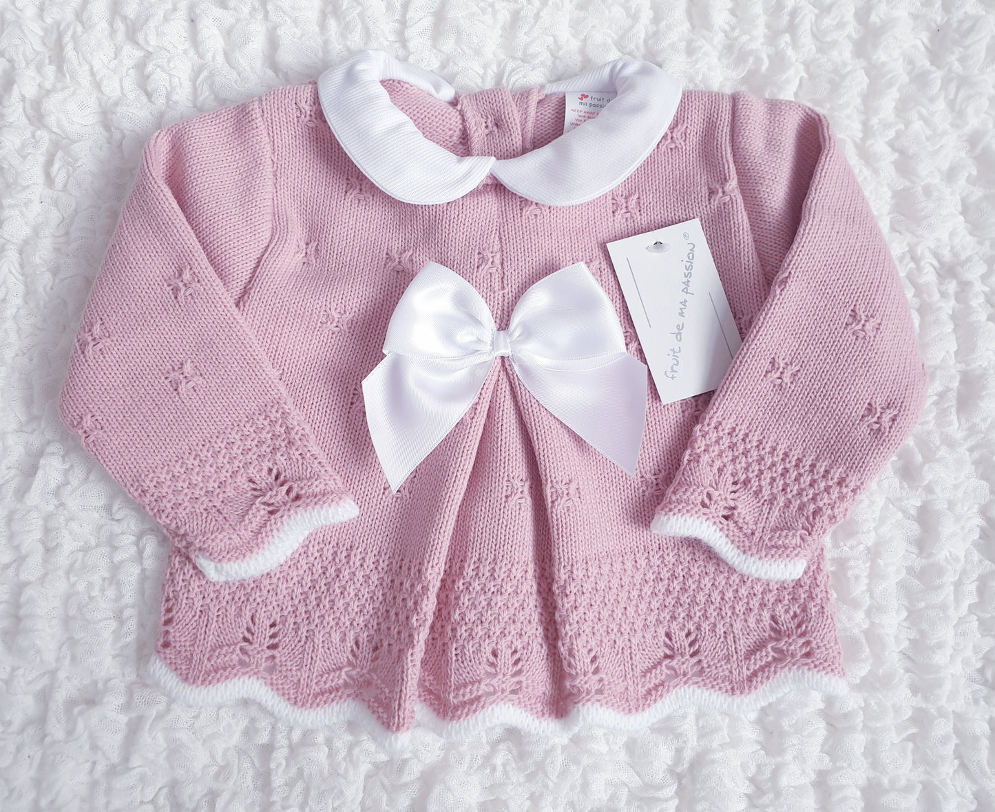 Baby Girls Spanish Dusky Pink Bow Knitted 3 Piece Set