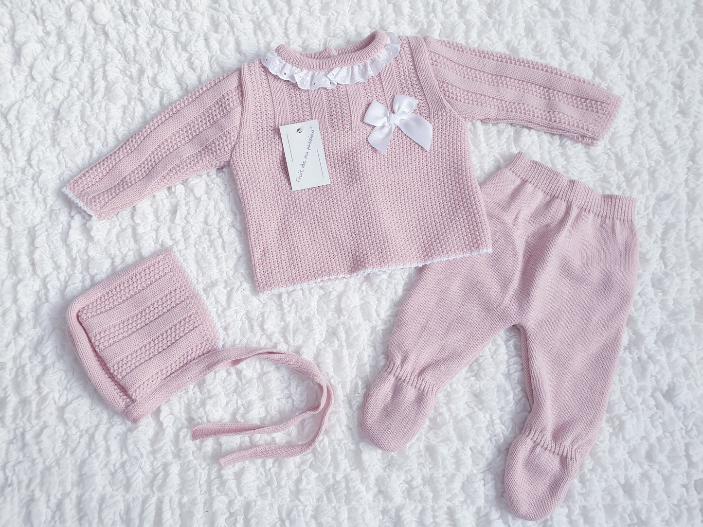Baby Girls Spanish Dusky Pink Bow Knitted 3 Piece Set