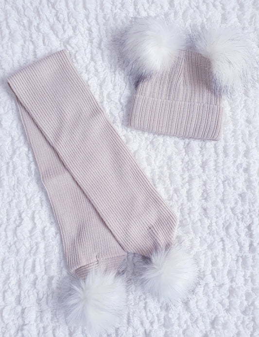 Beige/Caramel Faux Fur Double Pom Hat & Scarf (sold separately)