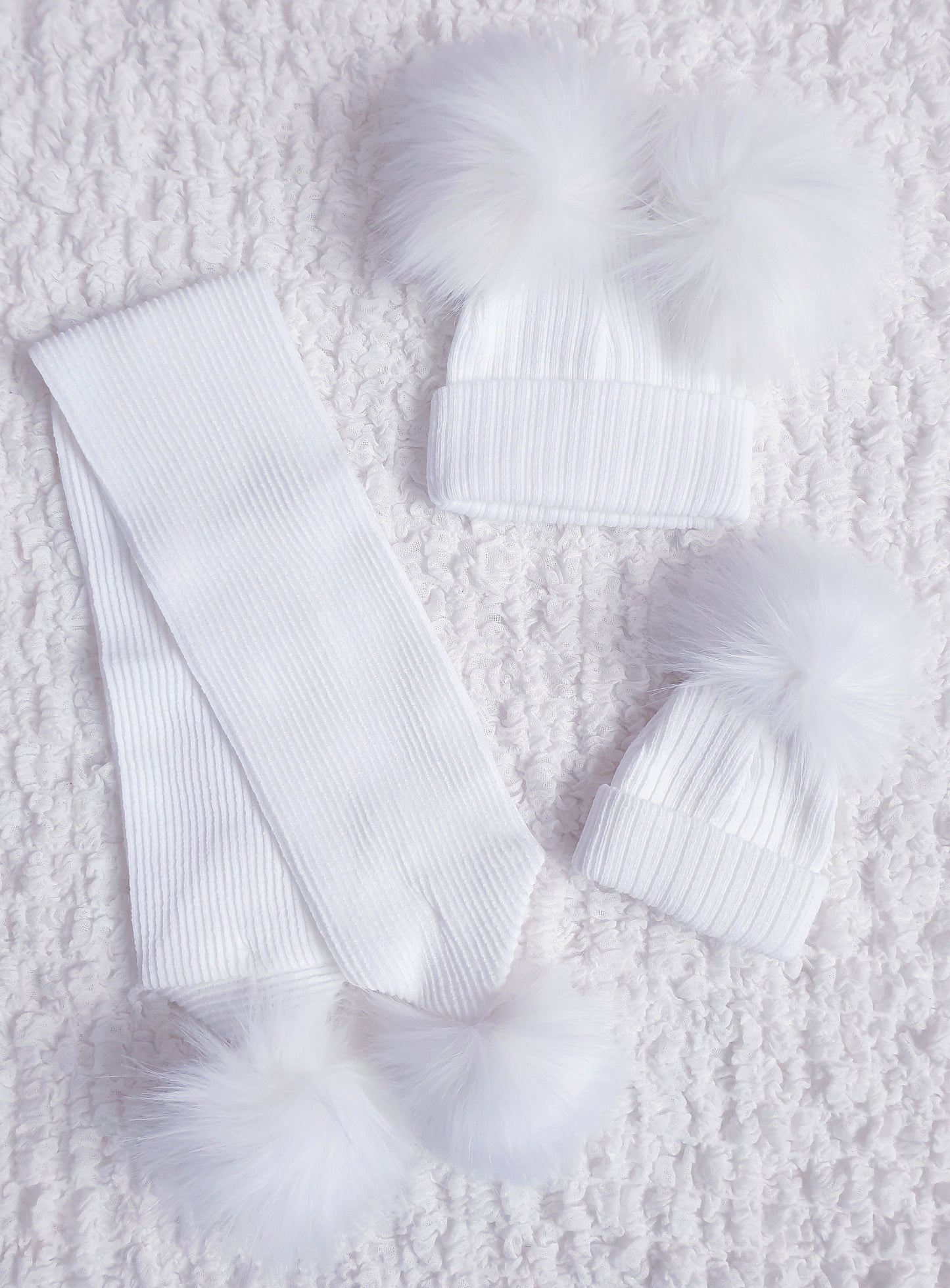 White Pom Pom Hats & Scarf (sold separately)