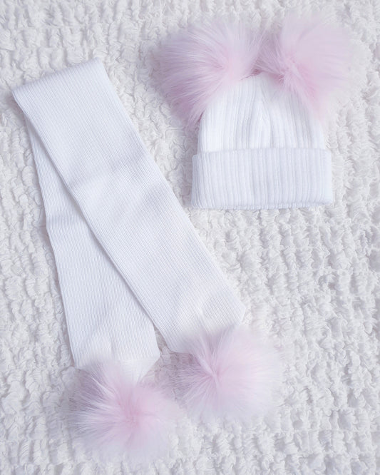 White/Pink Faux Fur Double Pom Hat & Scarf (sold separately)