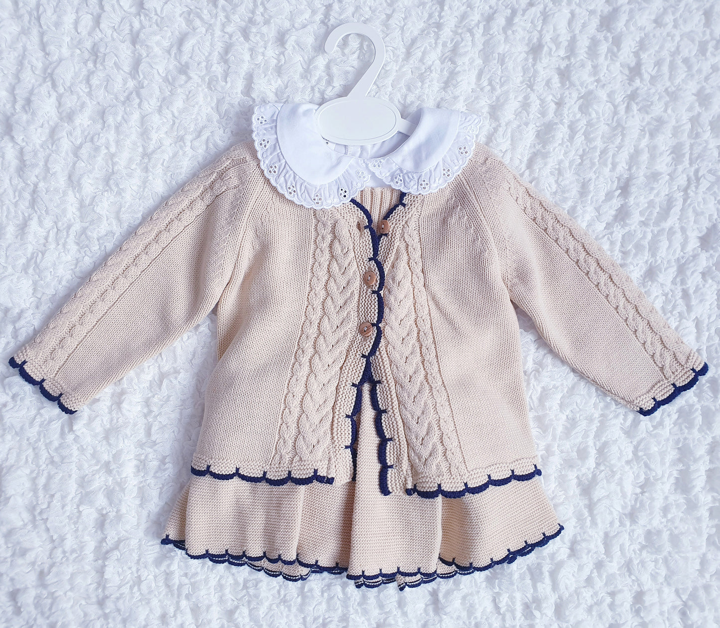Girls Spanish Beige/Navy Knitted Skirt Romper & Cardigan Set