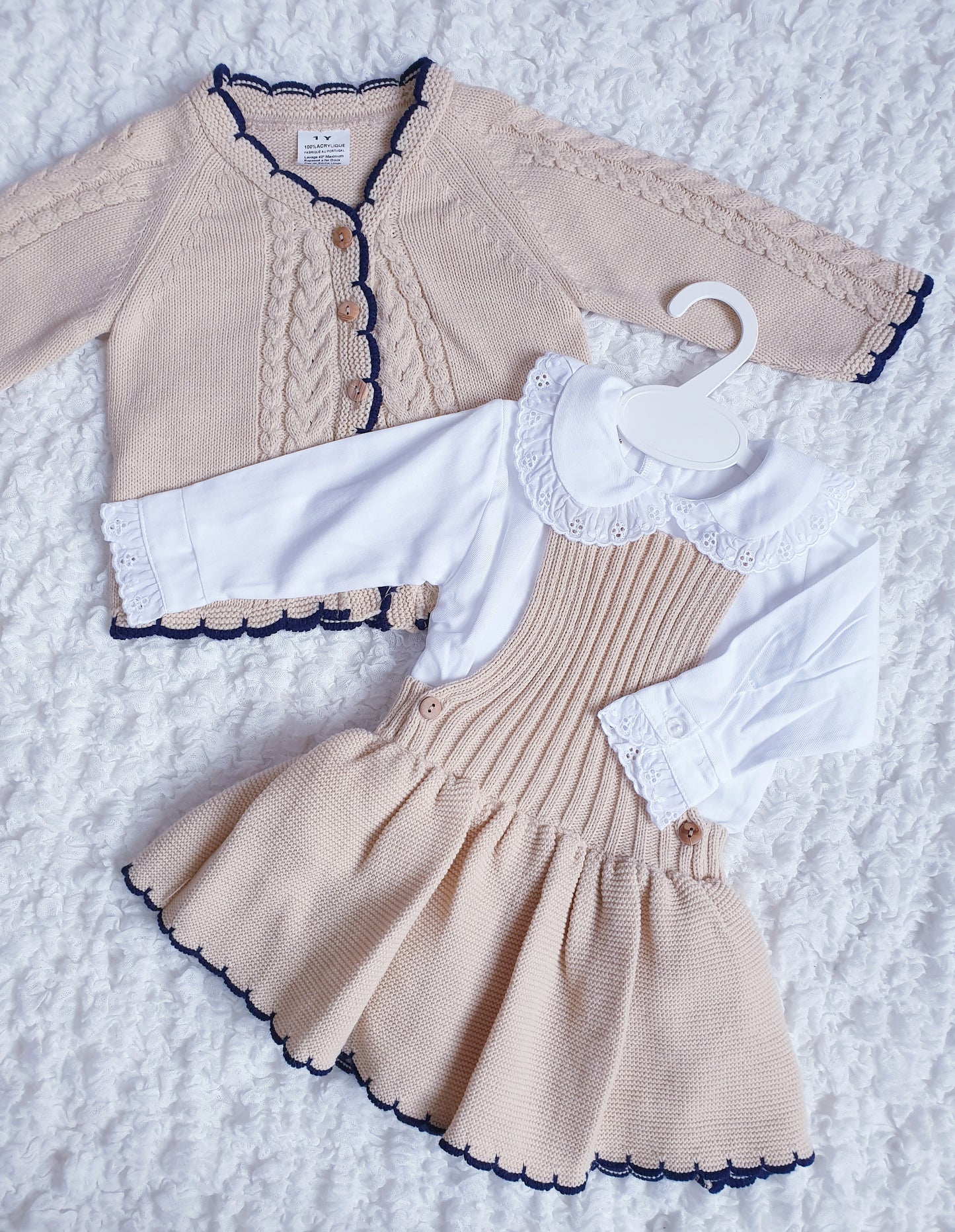 Girls Spanish Beige/Navy Knitted Skirt Romper & Cardigan Set