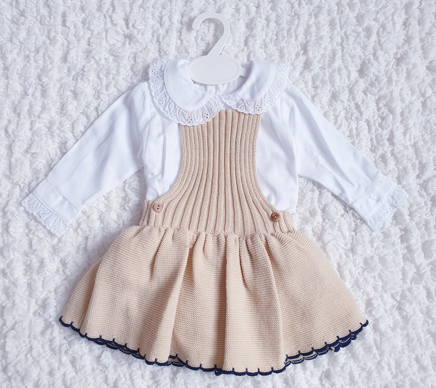 Girls Spanish Beige/Navy Knitted Skirt Romper & Cardigan Set