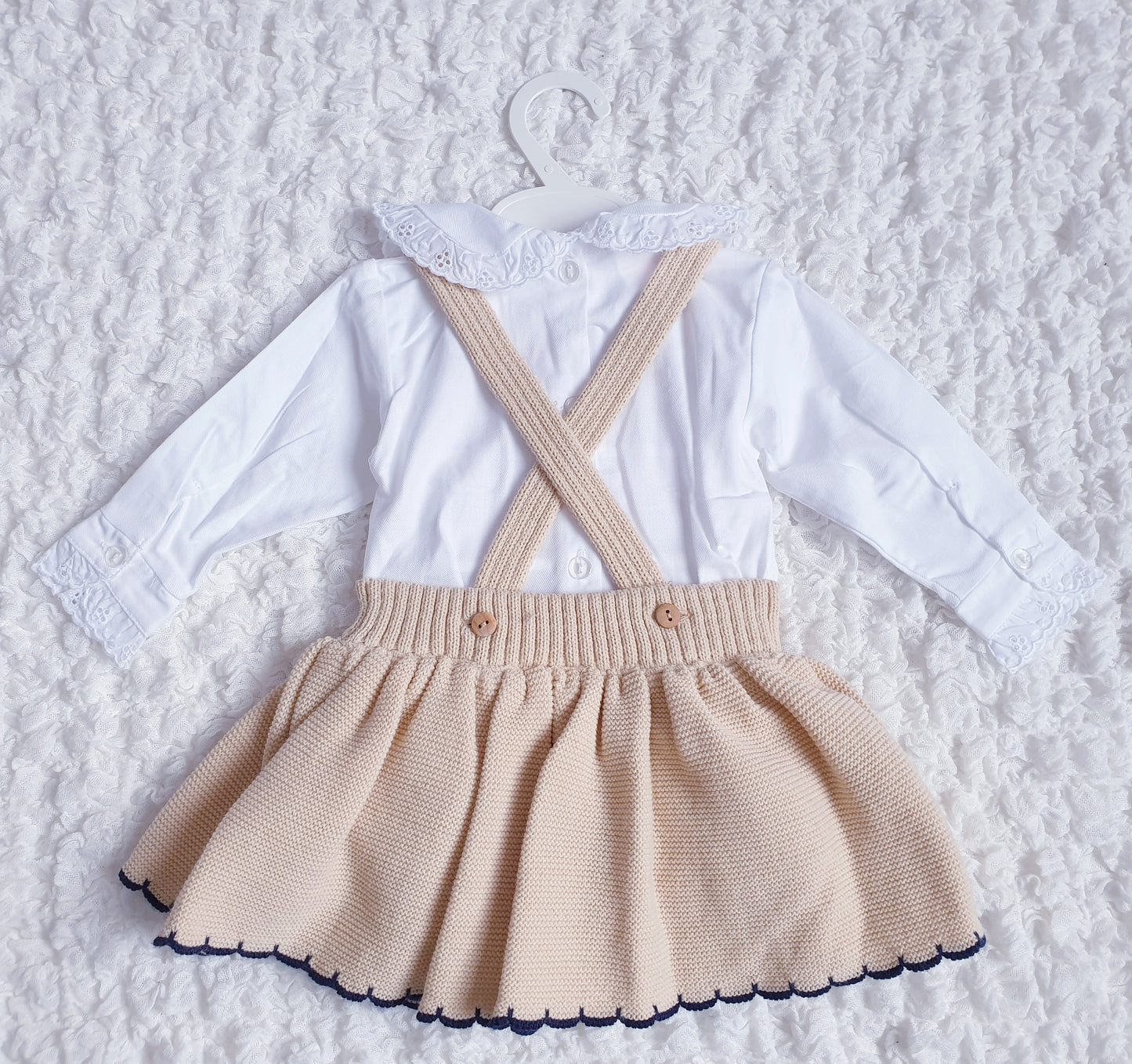 Girls Spanish Beige/Navy Knitted Skirt Romper & Cardigan Set