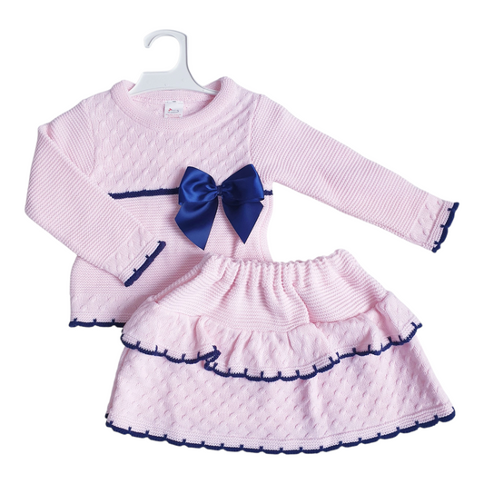 Girls Spanish Pink/Navy Knitted Skirt Set