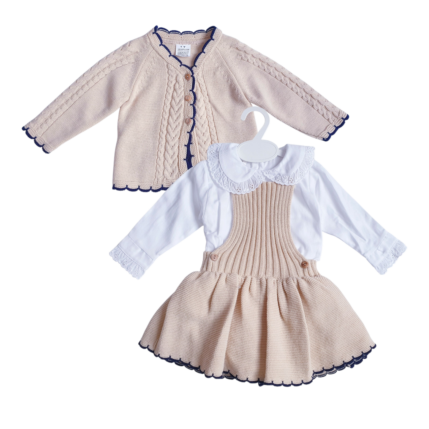 Girls Spanish Beige/Navy Knitted Skirt Romper & Cardigan Set
