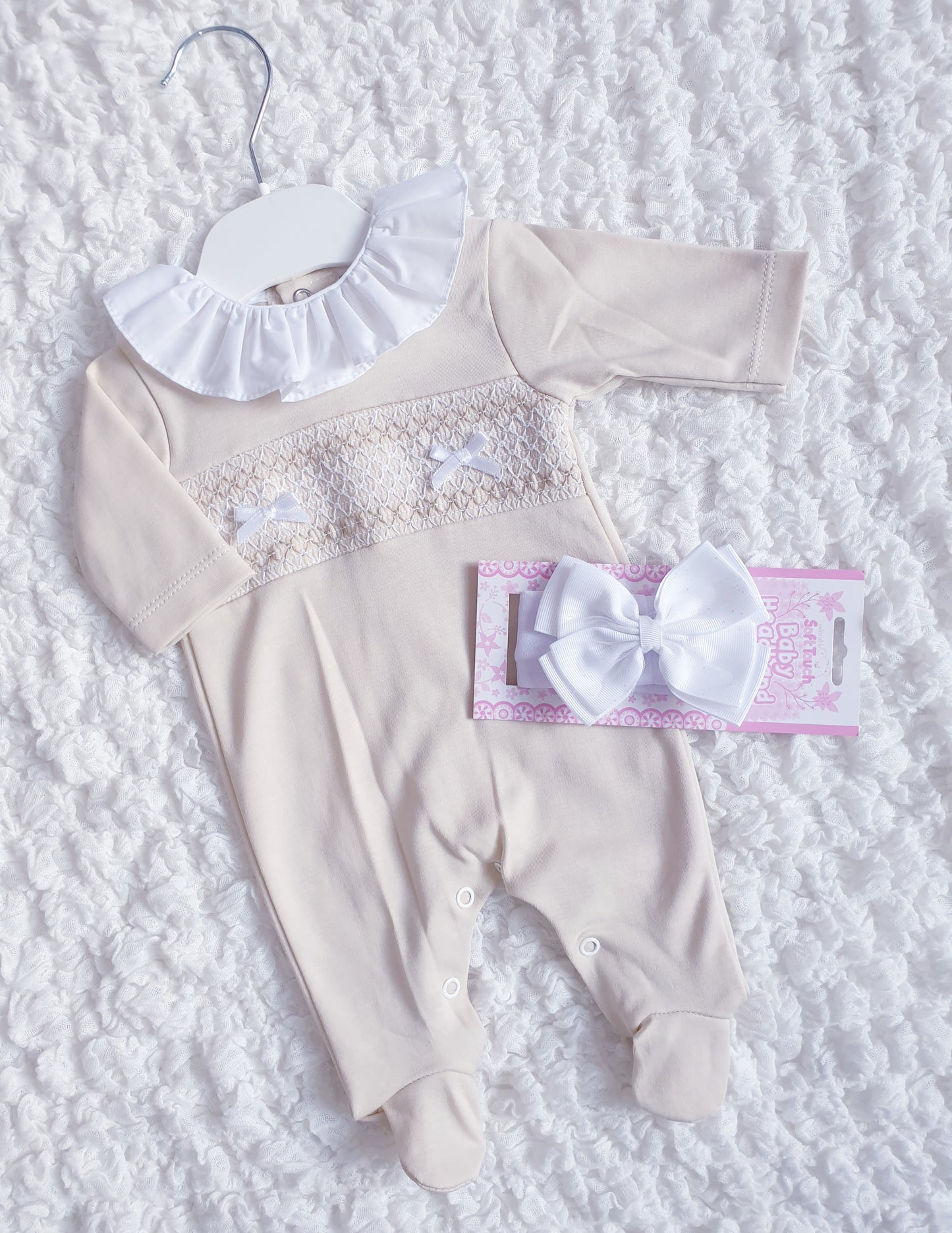 Baby Girls Beige Spanish Smocked Babygrow