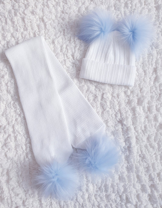 White/Blue Faux Fur Double Pom Hat & Scarf (sold separately)