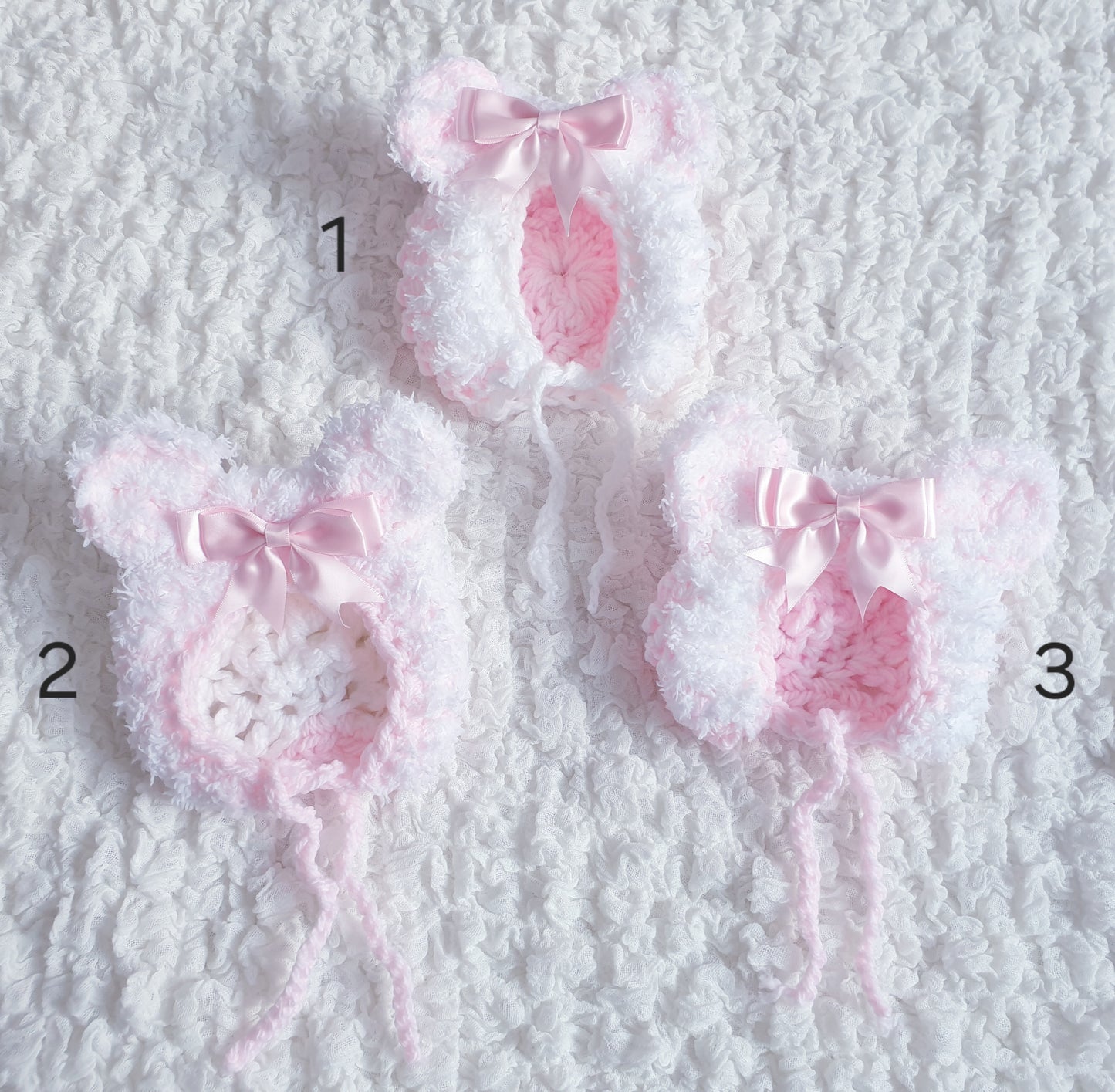 Baby Girls White/Pink Hand Knitted Teddy Ears Bow Hats