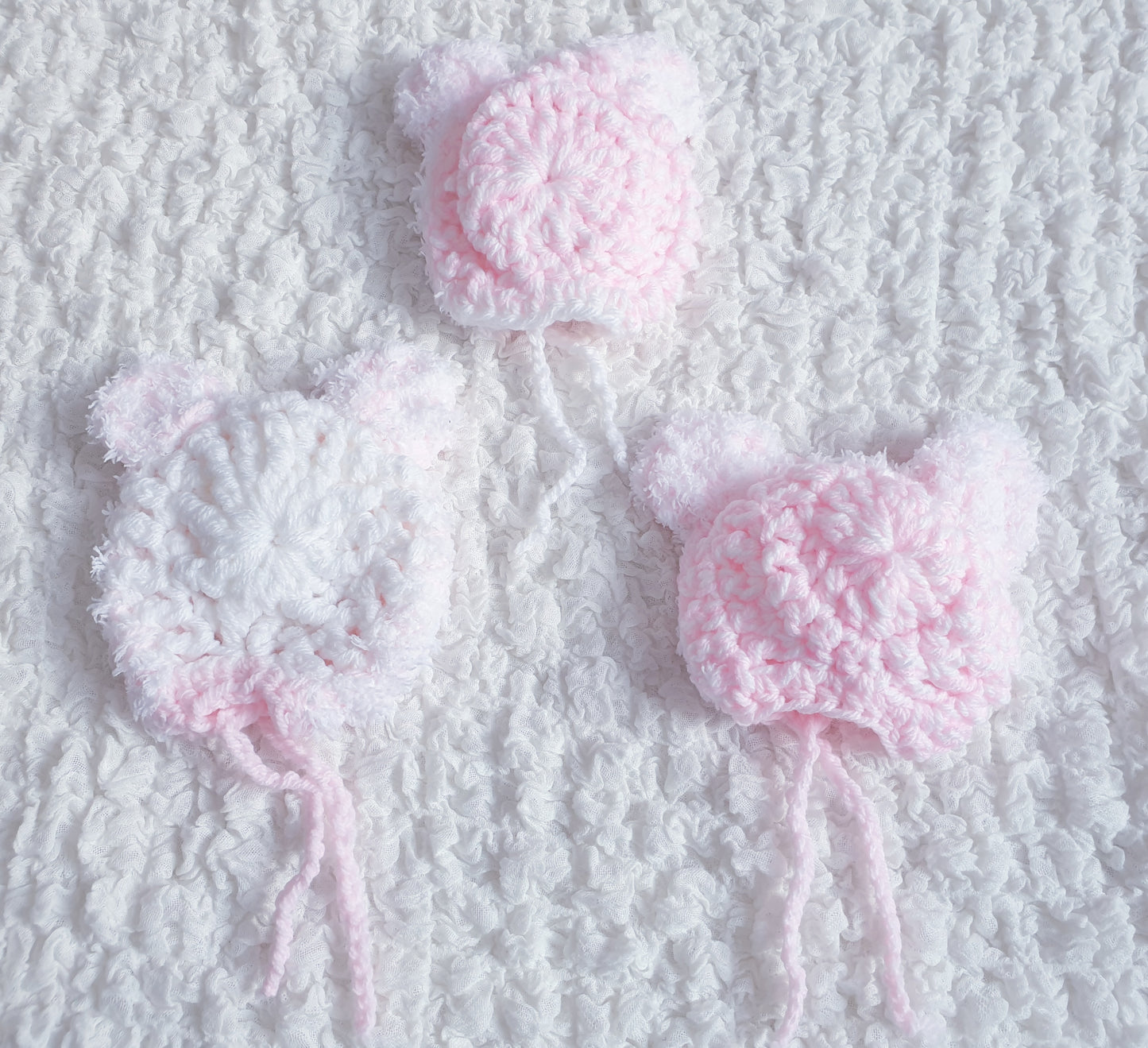 Baby Girls White/Pink Hand Knitted Teddy Ears Bow Hats