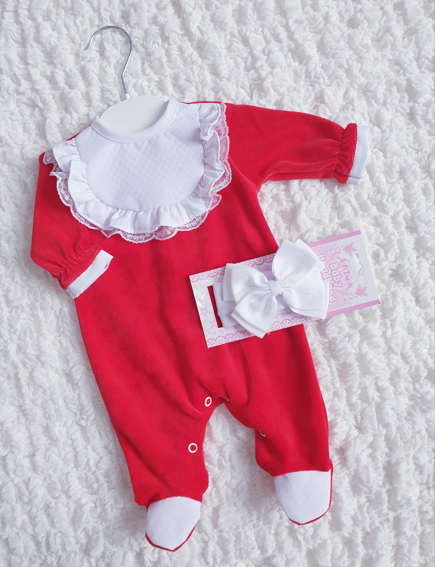 Baby Girls Frill & Lace Velour Babygrow White/Pink/Red