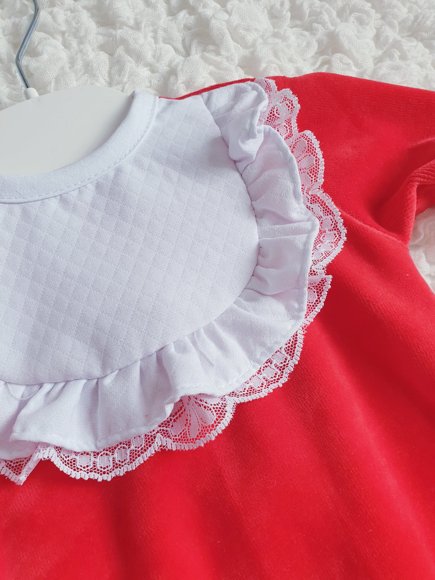 Baby Girls Frill & Lace Velour Babygrow White/Pink/Red