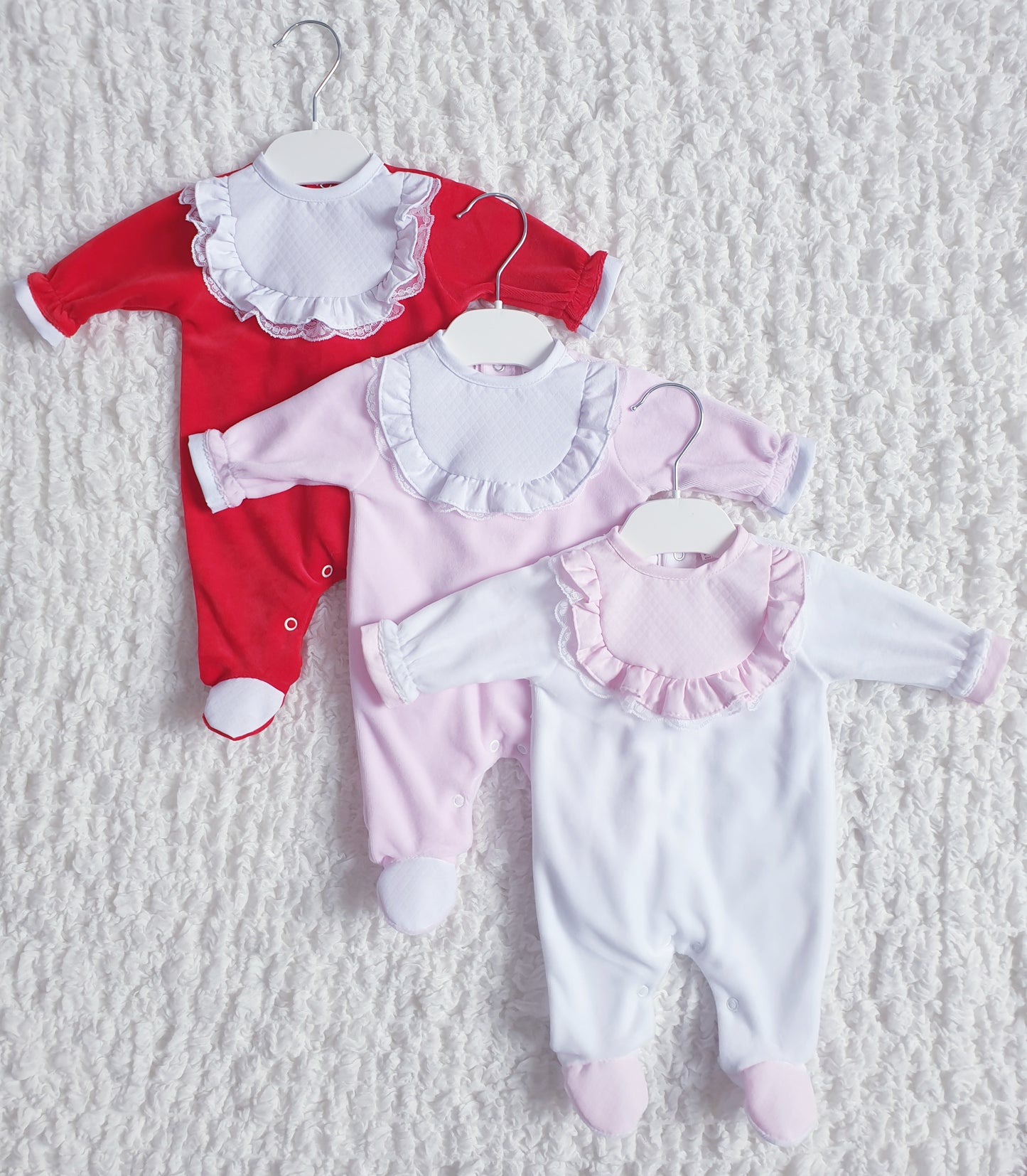 Baby Girls Frill & Lace Velour Babygrow White/Pink/Red