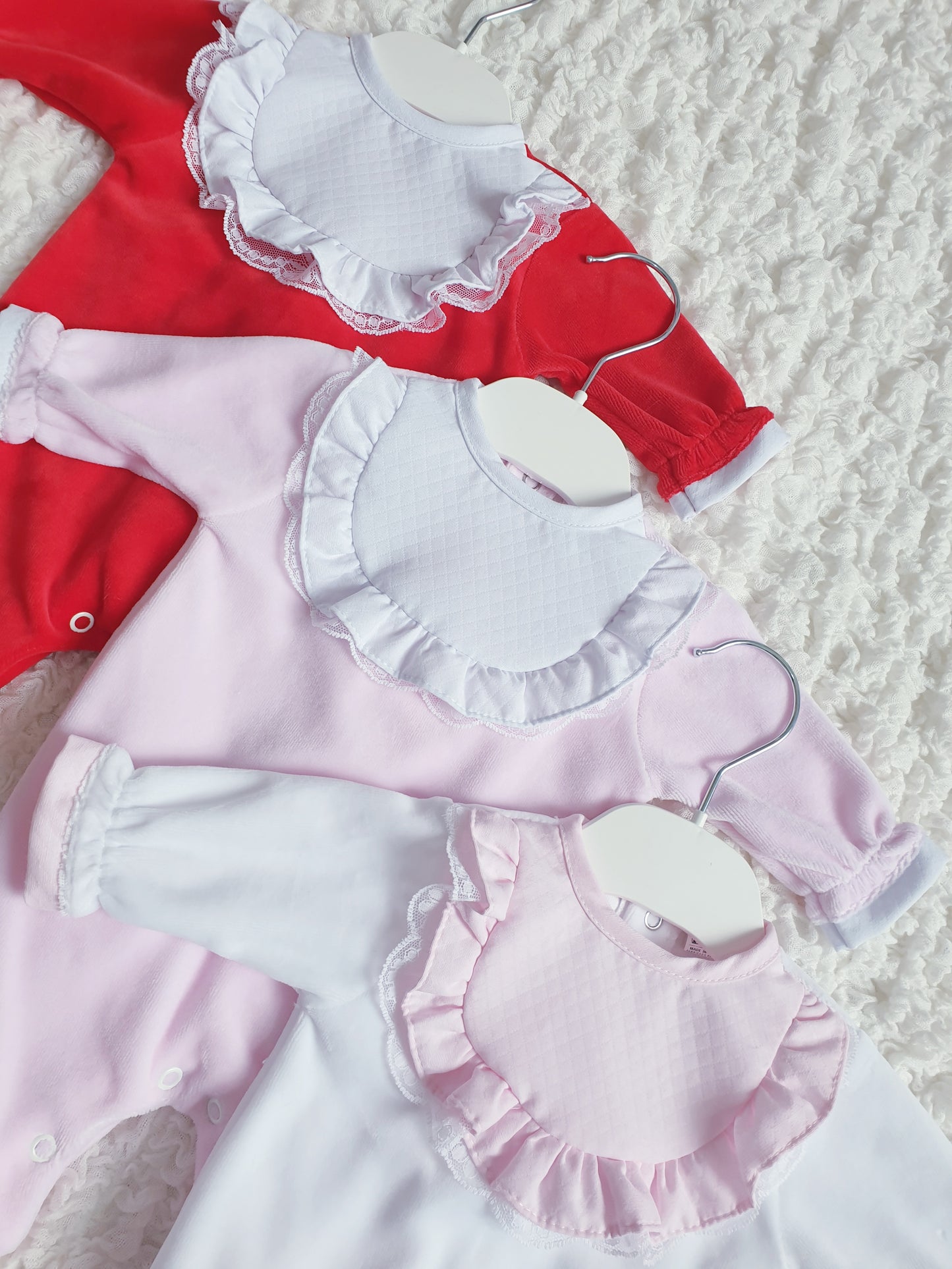 Baby Girls Frill & Lace Velour Babygrow White/Pink/Red