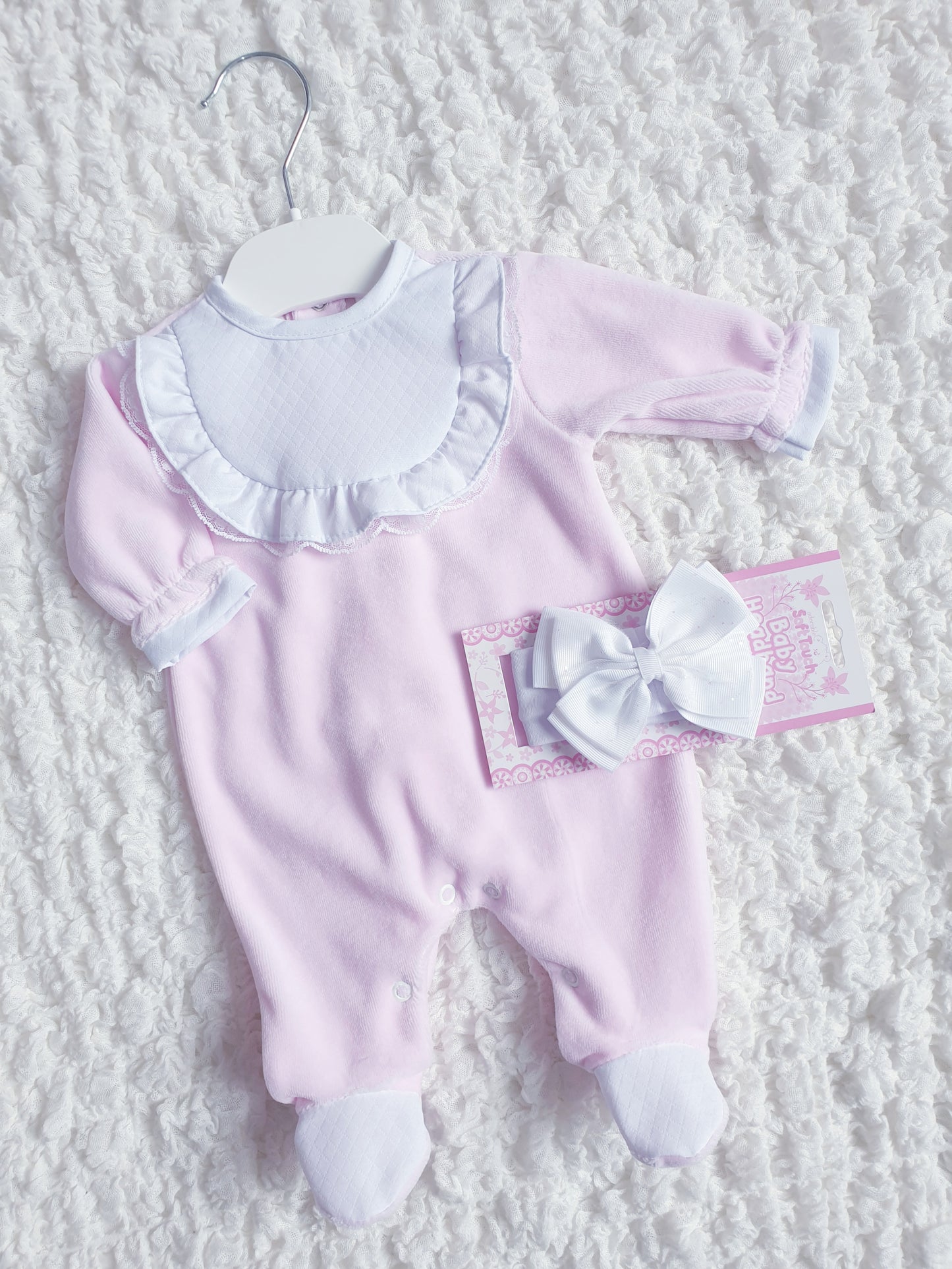Baby Girls Frill & Lace Velour Babygrow White/Pink/Red