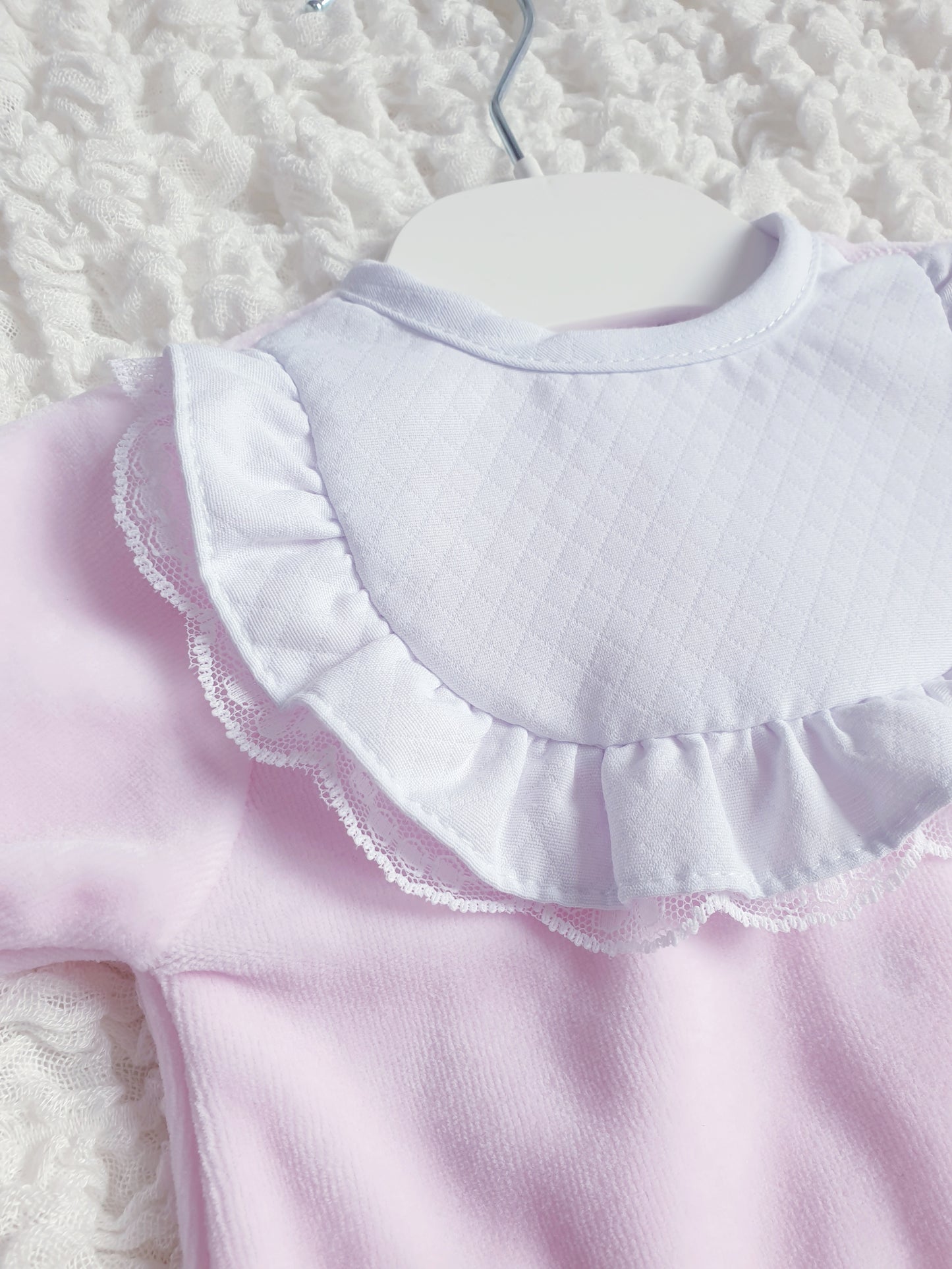 Baby Girls Frill & Lace Velour Babygrow White/Pink/Red
