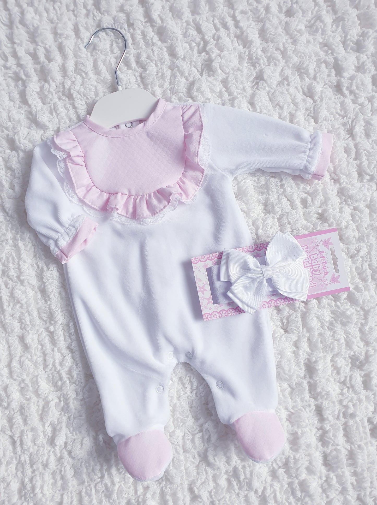 Baby Girls Frill & Lace Velour Babygrow White/Pink/Red