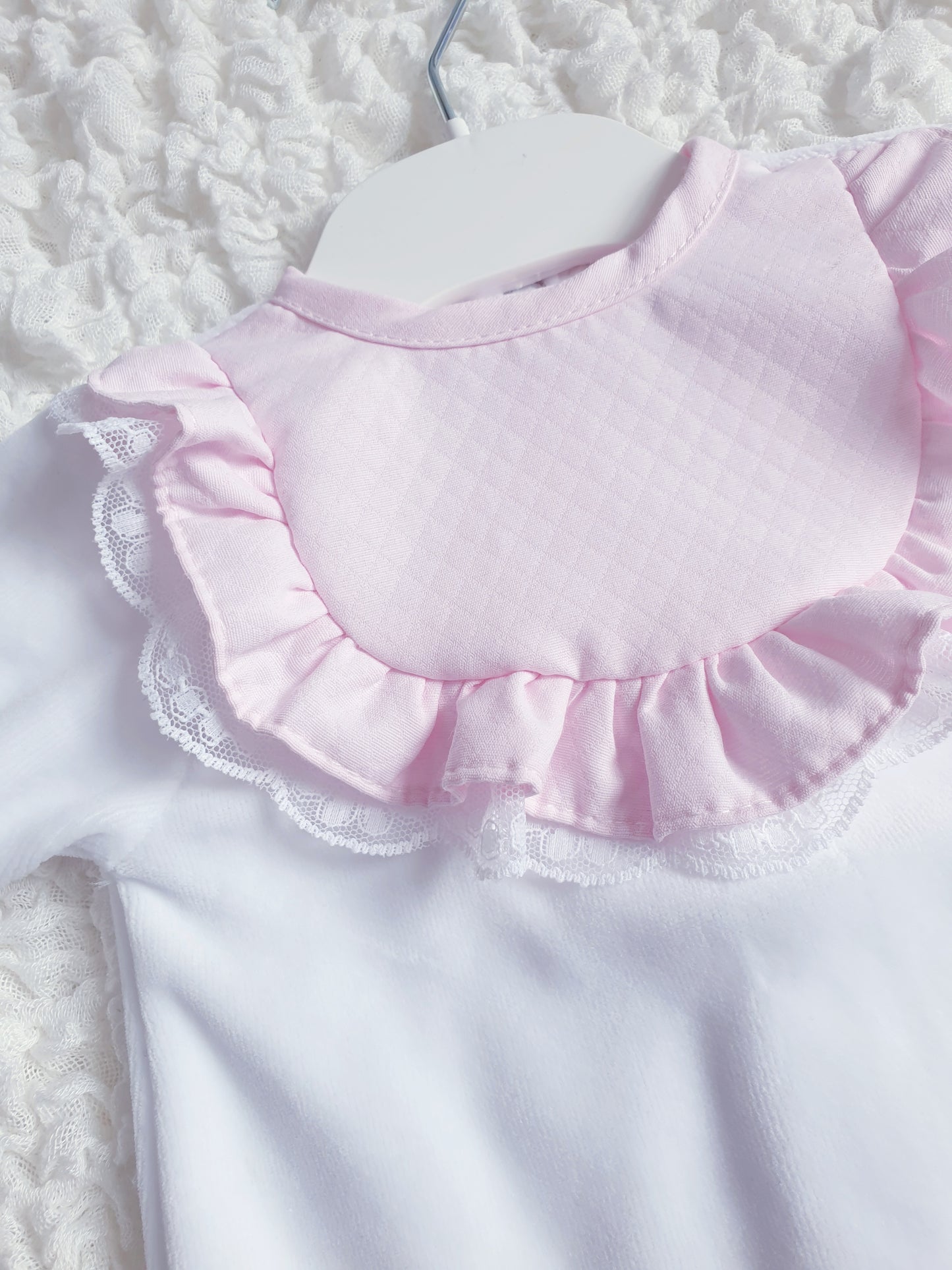 Baby Girls Frill & Lace Velour Babygrow White/Pink/Red