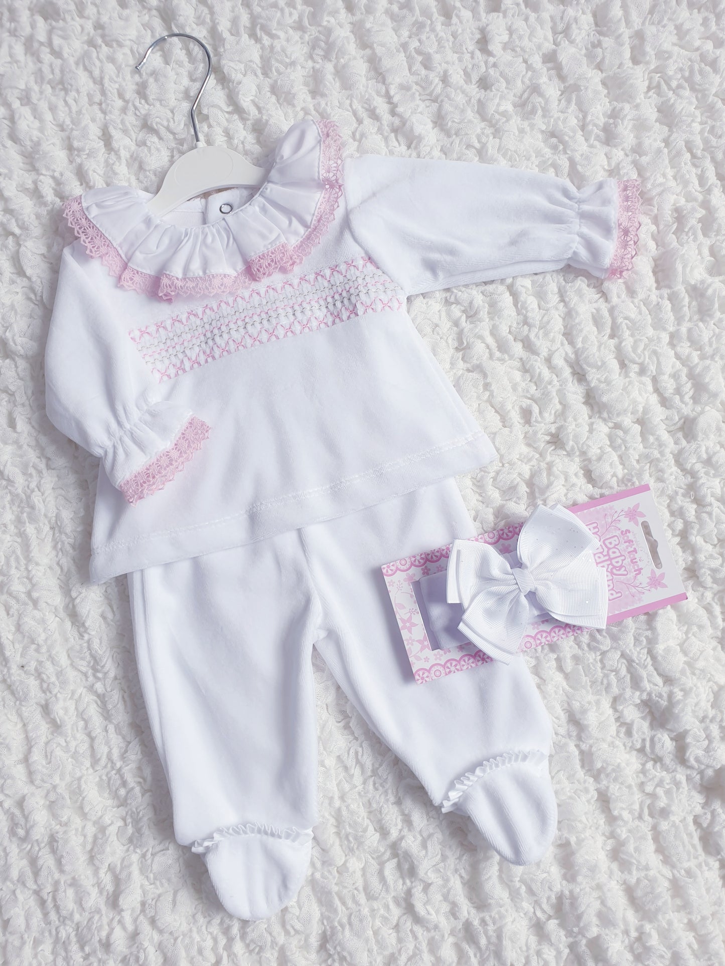 Baby Girls Spanish Smocked Velour 2 Piece Set Pink/White