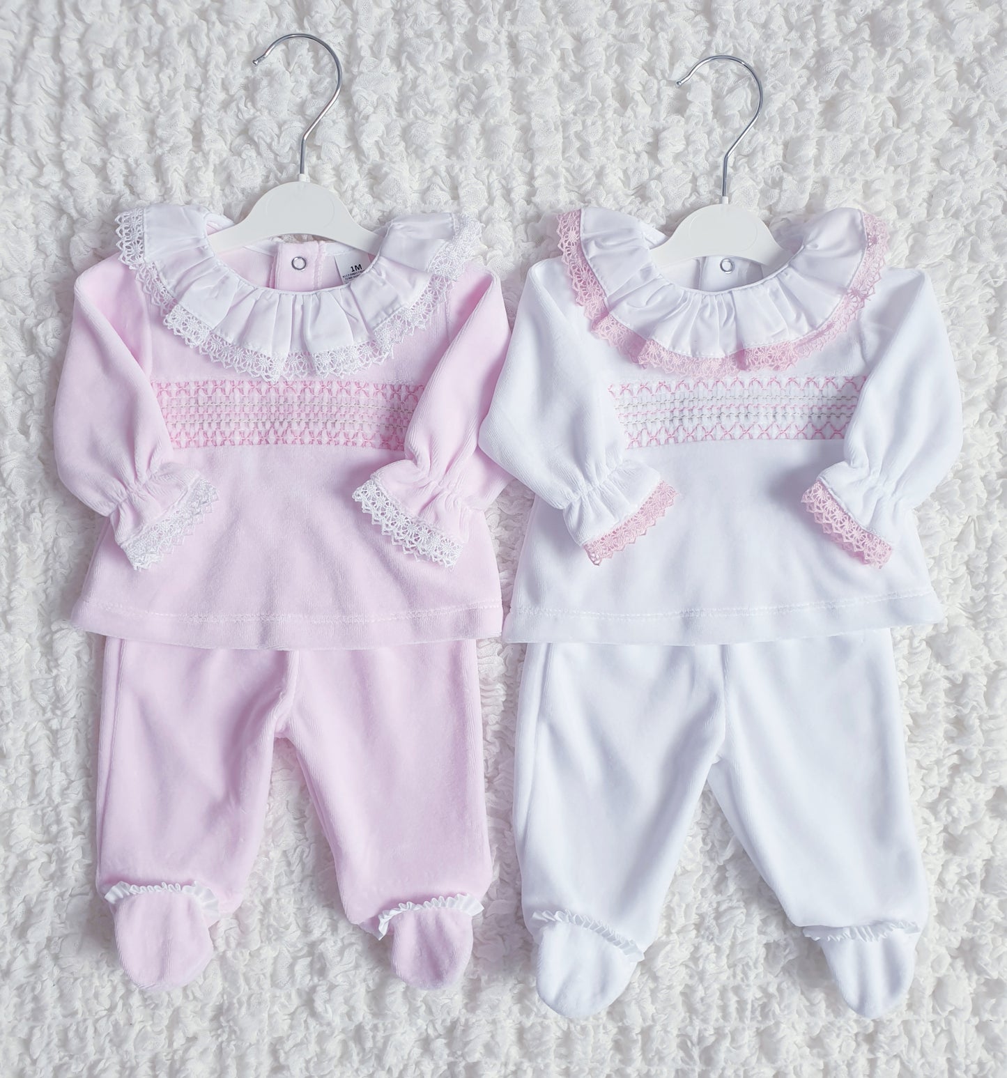 Baby Girls Spanish Smocked Velour 2 Piece Set Pink/White