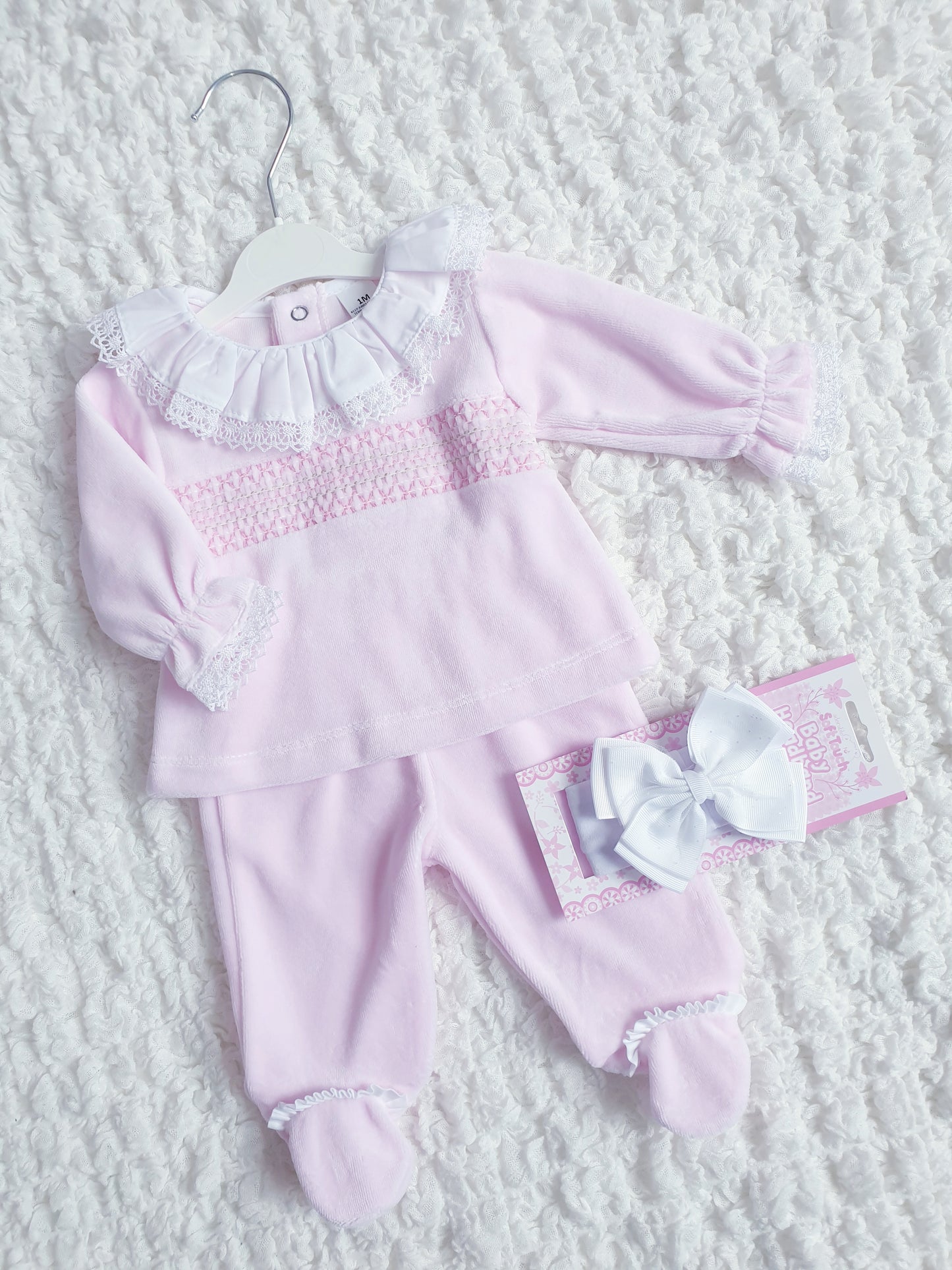 Baby Girls Spanish Smocked Velour 2 Piece Set Pink/White