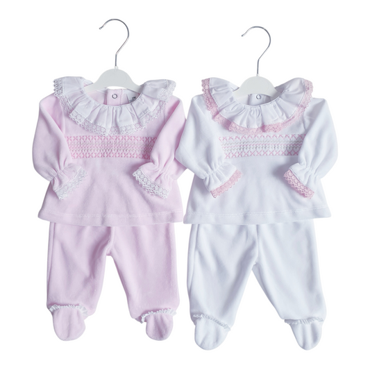 Baby Girls Spanish Smocked Velour 2 Peice Set Pink/White
